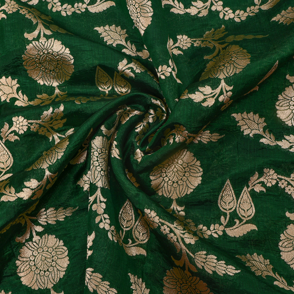 Green Gold Zari Floral Motif Banarasi Silk Fabric