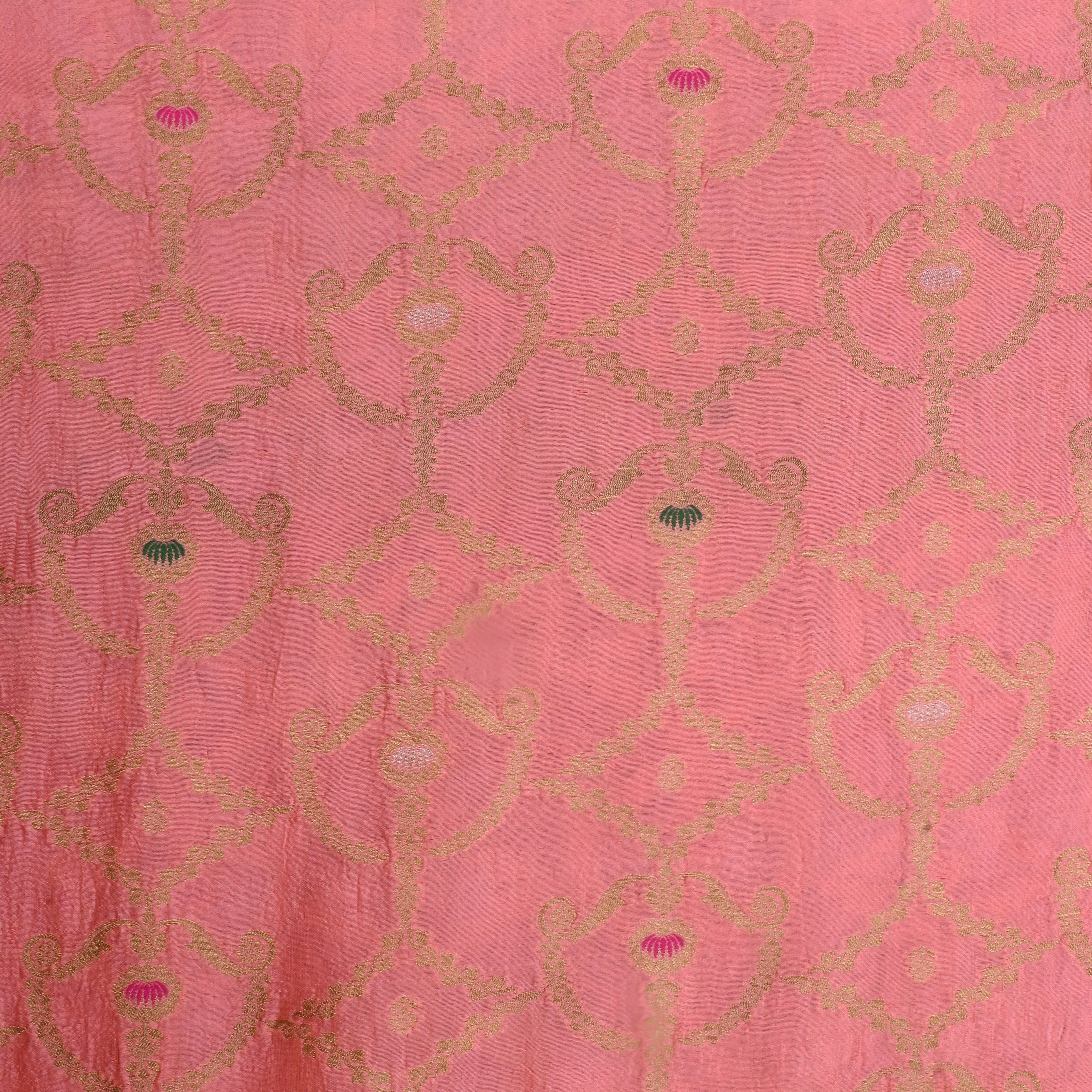 Light Coral Red Jamawar Silk Fabric With Meenakari Design