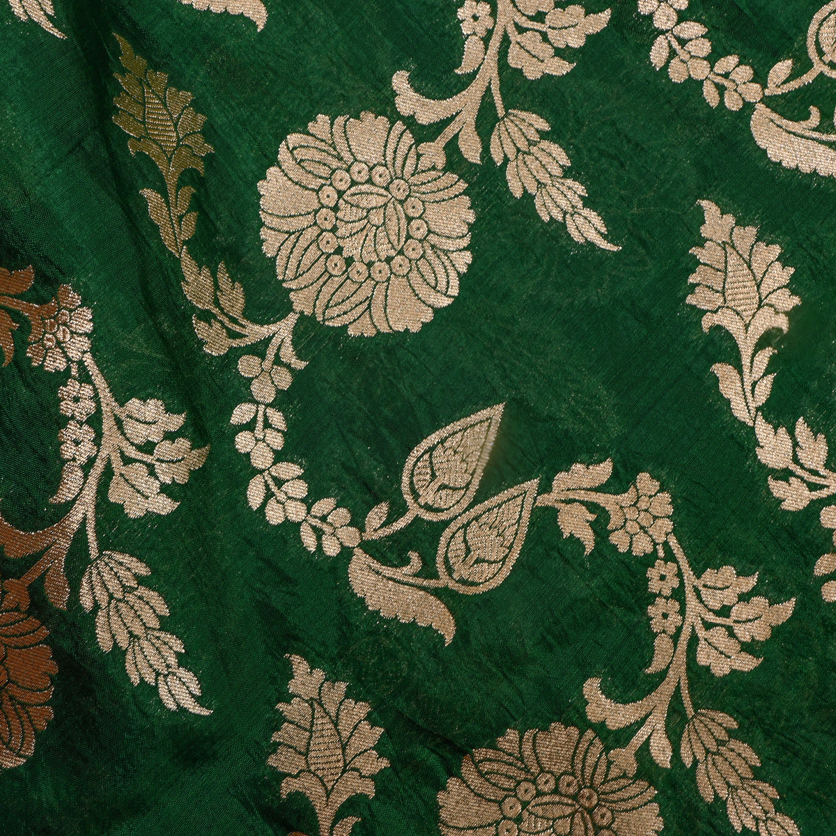 Green Gold Zari Floral Motif Banarasi Silk Fabric