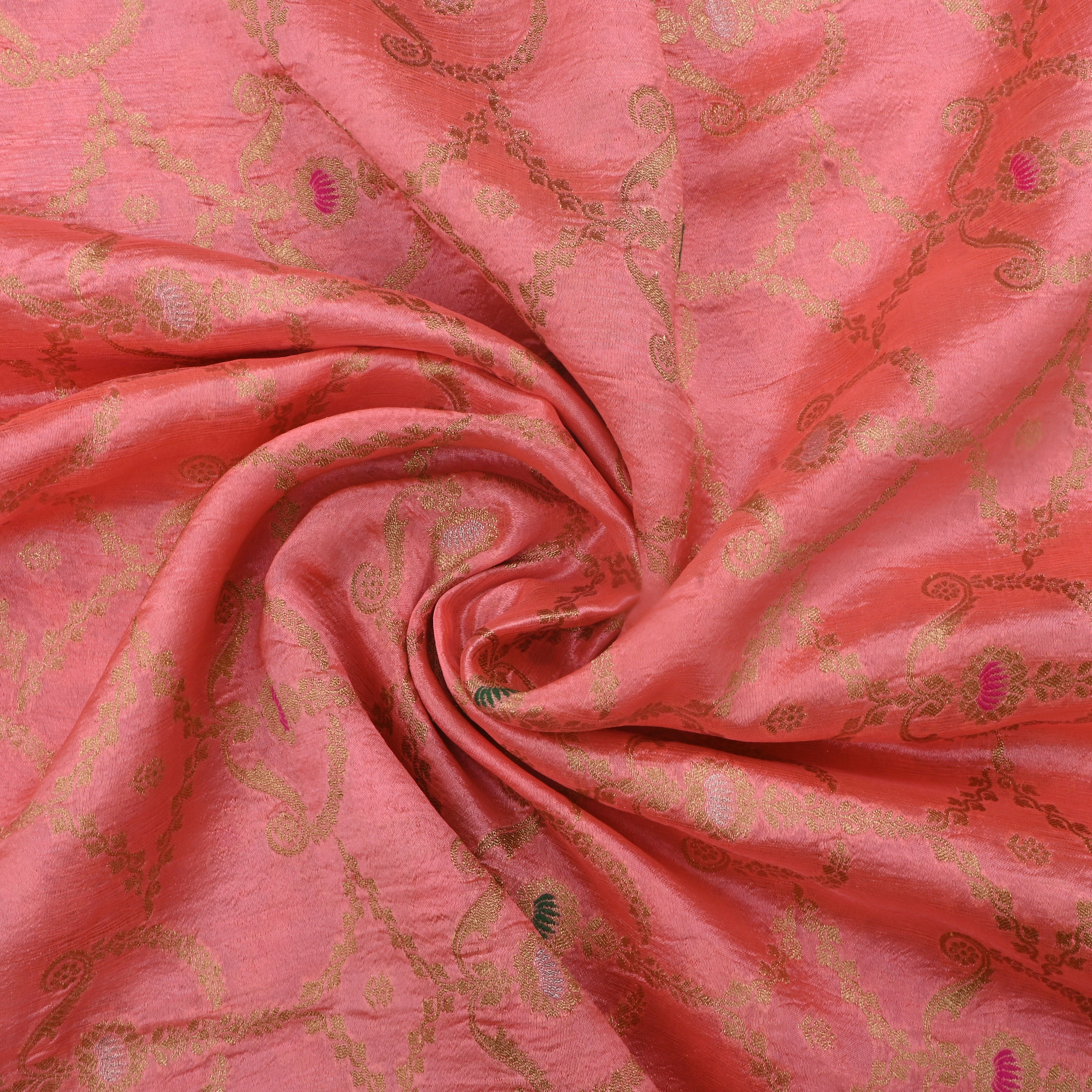 Light Coral Red Jamawar Silk Fabric With Meenakari Design