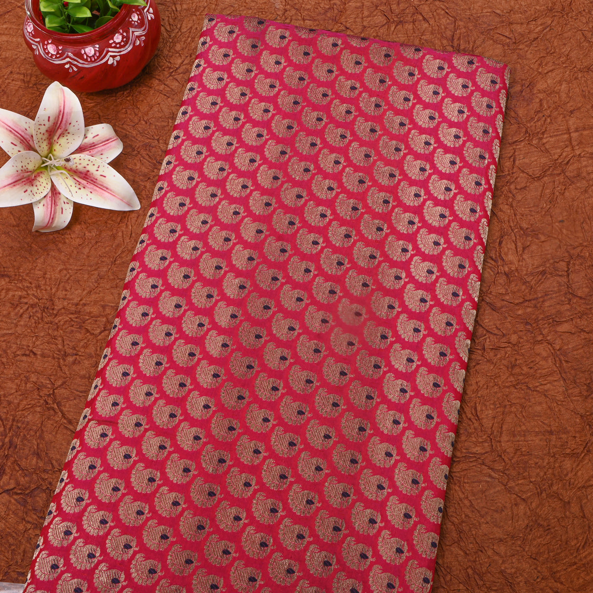 Fuchsia Pink Gold Butti Self Weave Jamawar Silk Fabric