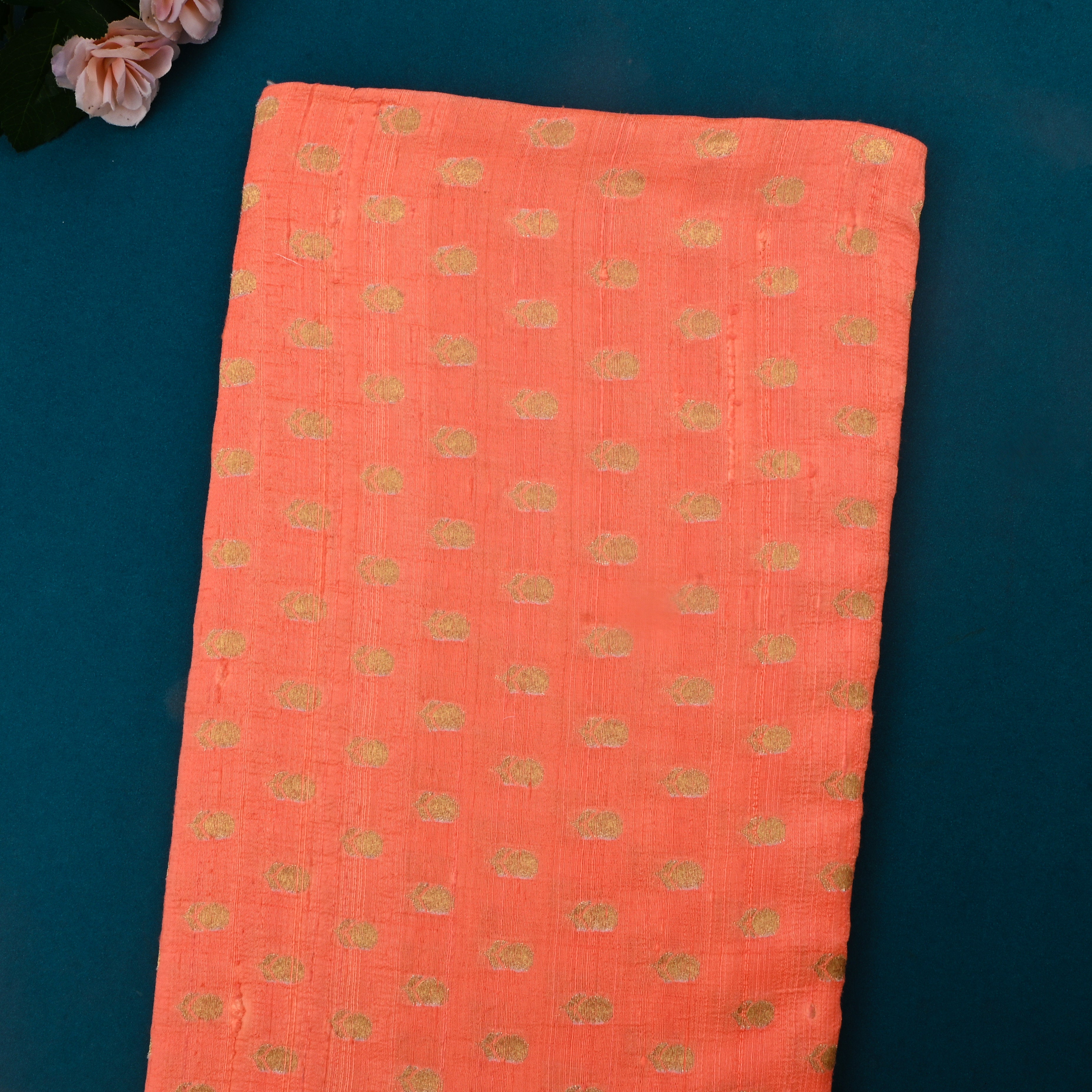 Orange Jamawar Dupion Fabric With Buttis