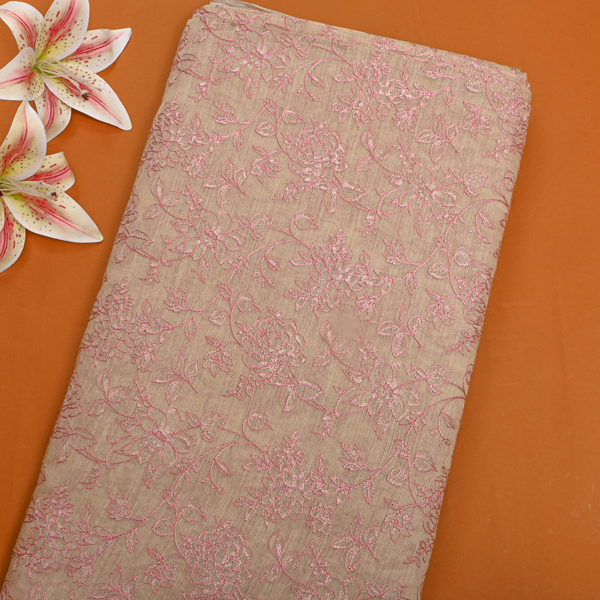 Beige Floral Embroidery Munga Tussar