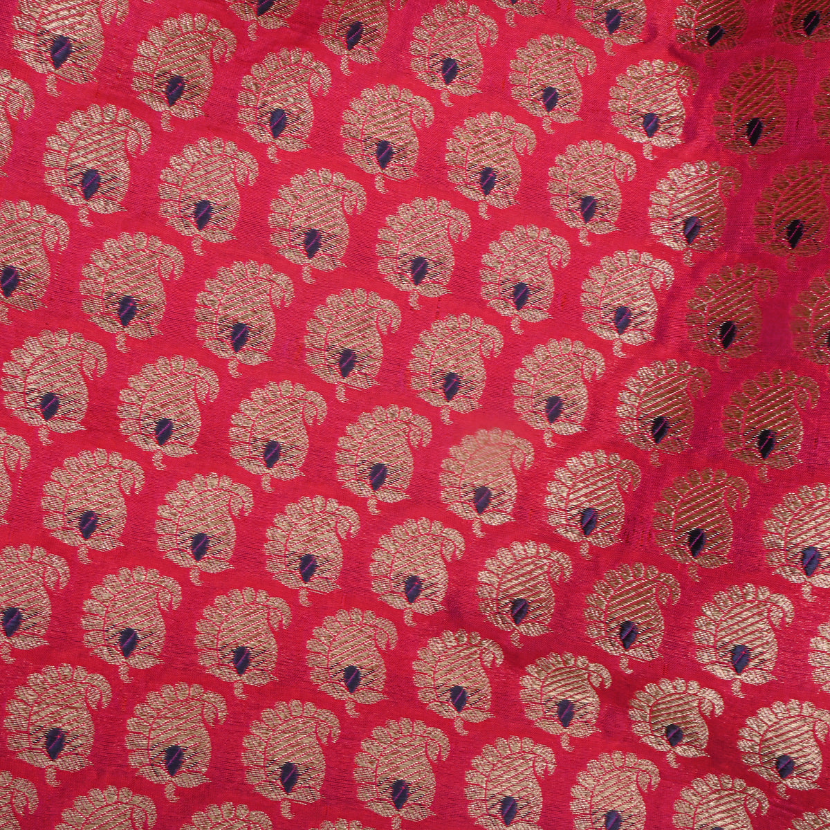 Fuchsia Pink Gold Butti Self Weave Jamawar Silk Fabric