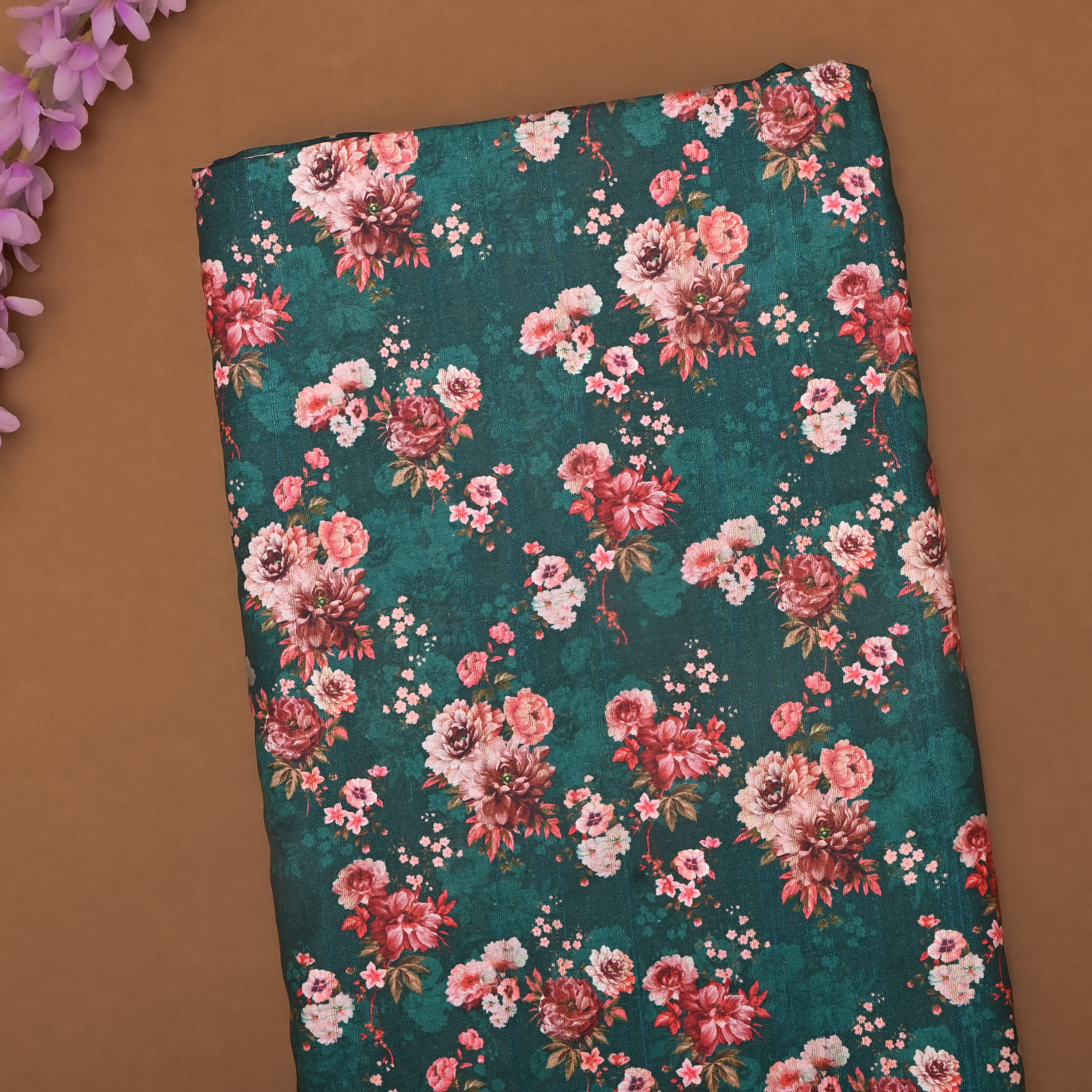 Teal Green Tussar Fabric With Floral Prints
