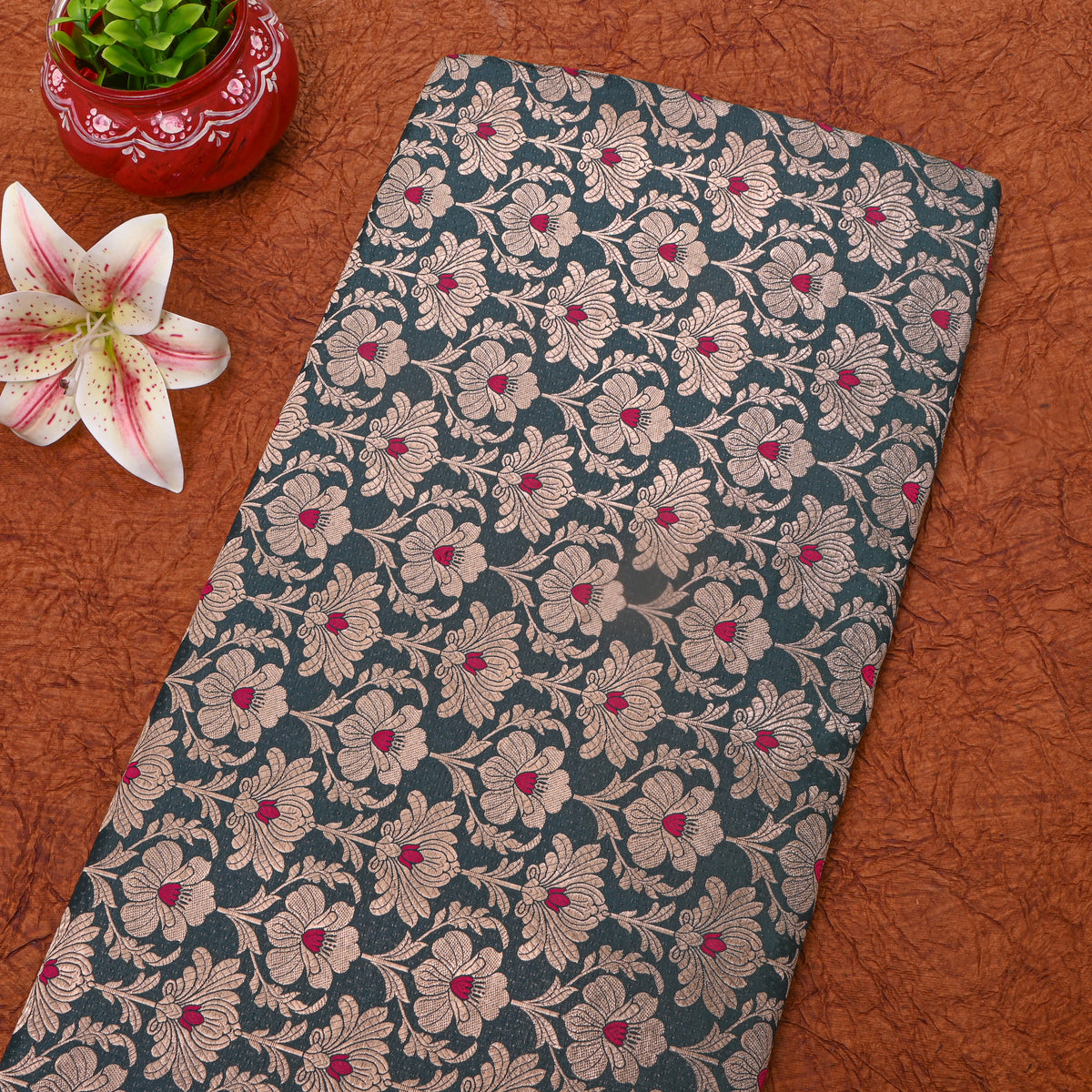 Bottle Green Gold Zari Floral Jaal Jamawar Silk Fabric