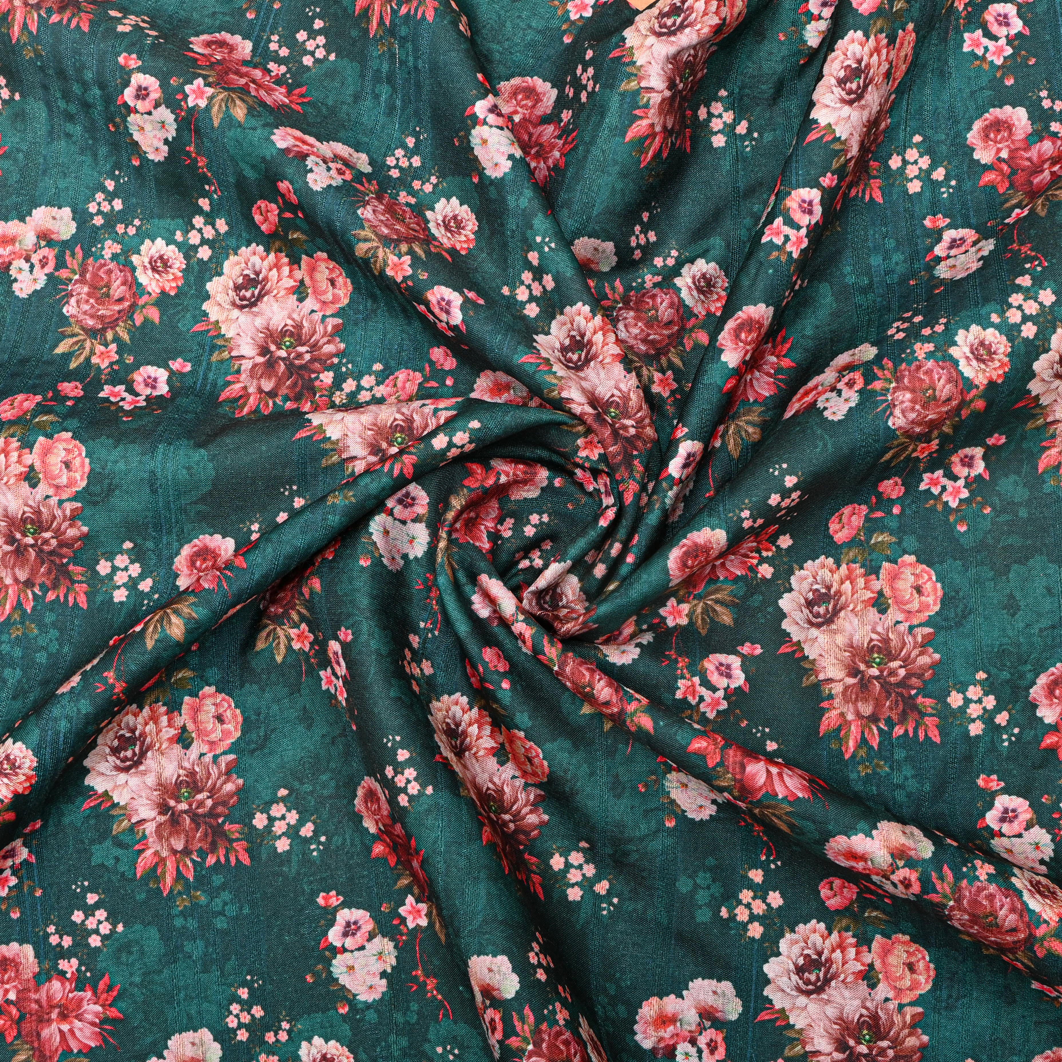 Teal Green Tussar Fabric With Floral Prints