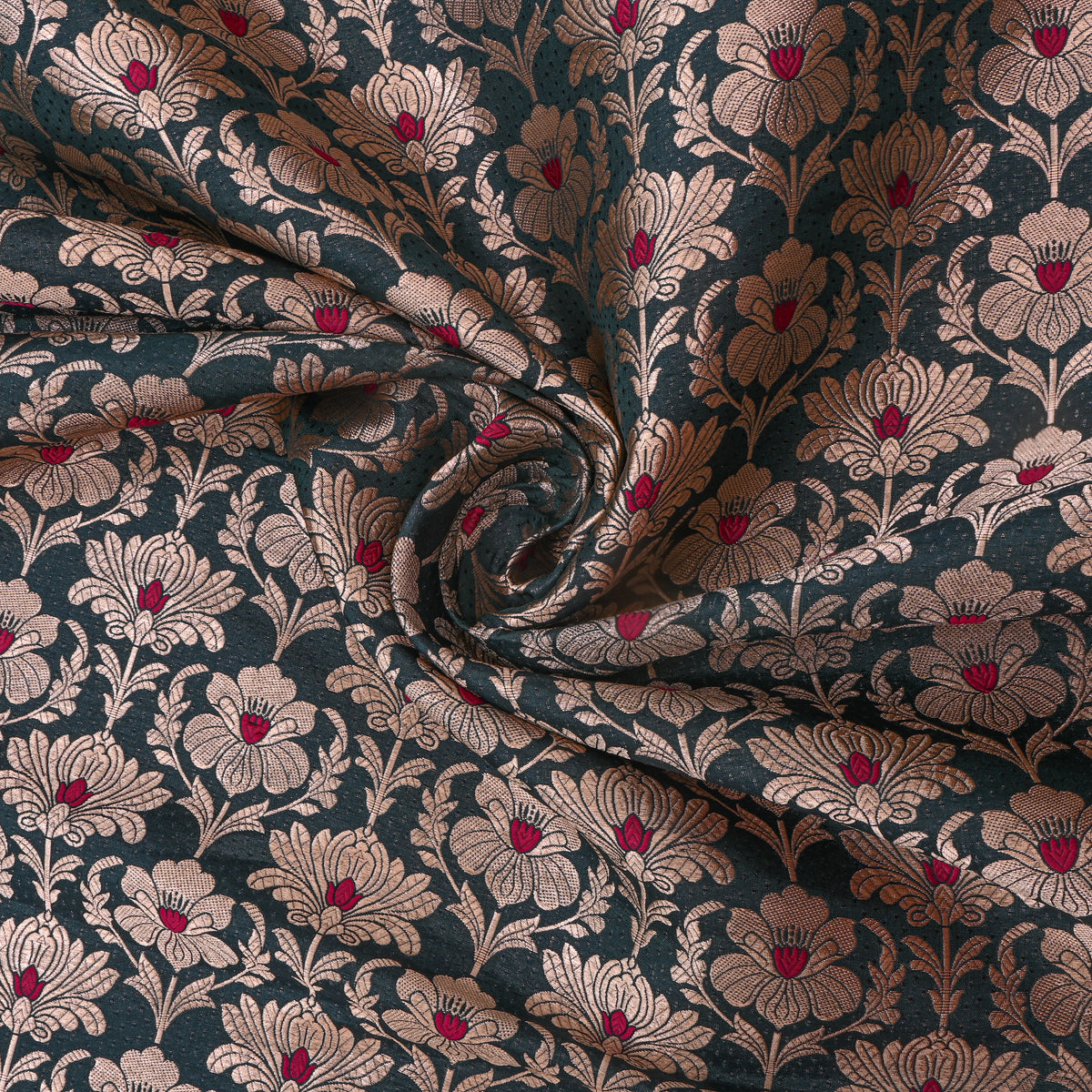 Bottle Green Gold Zari Floral Jaal Jamawar Silk Fabric