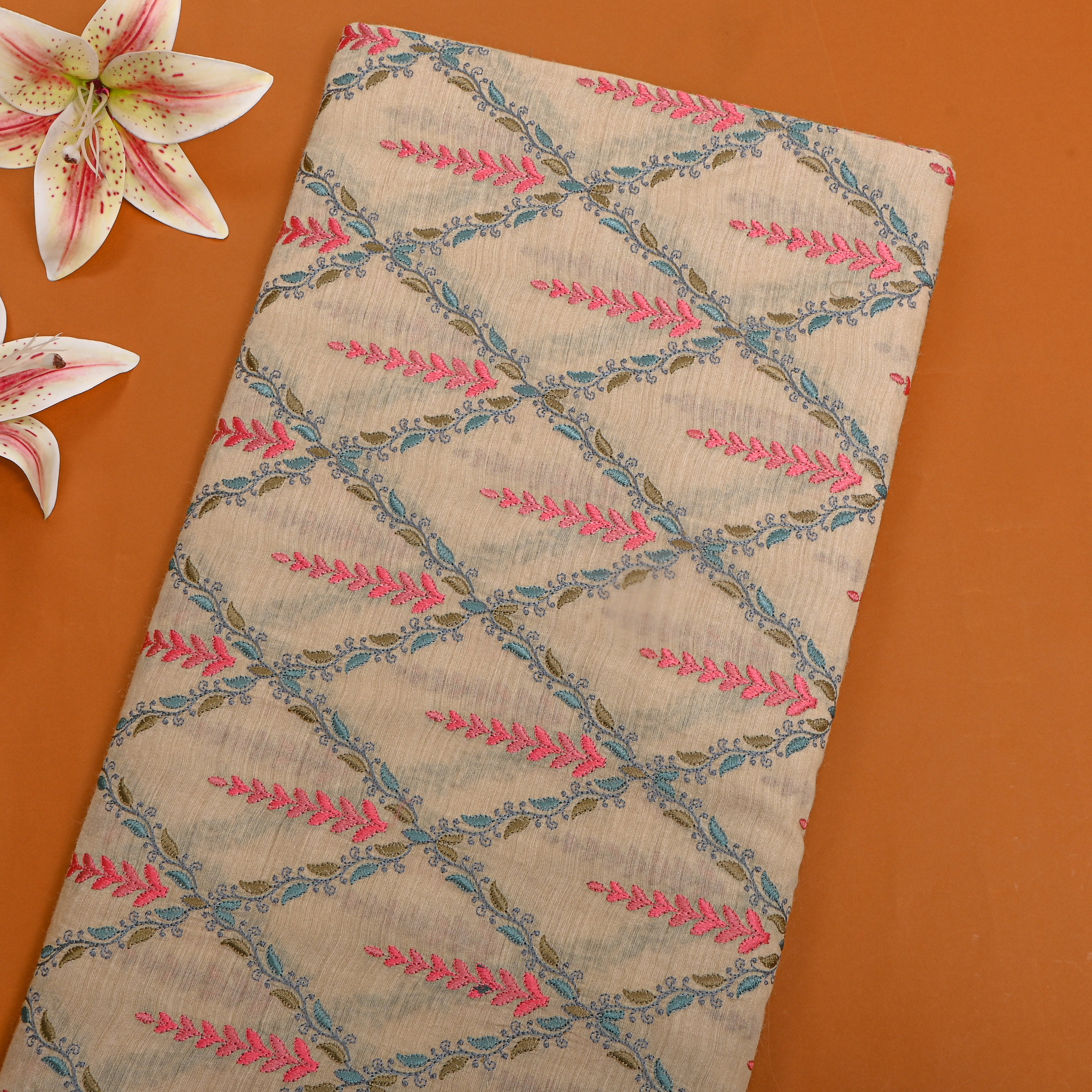 Soft Beige And Multicolor Embroidery Tussar Silk Fabric