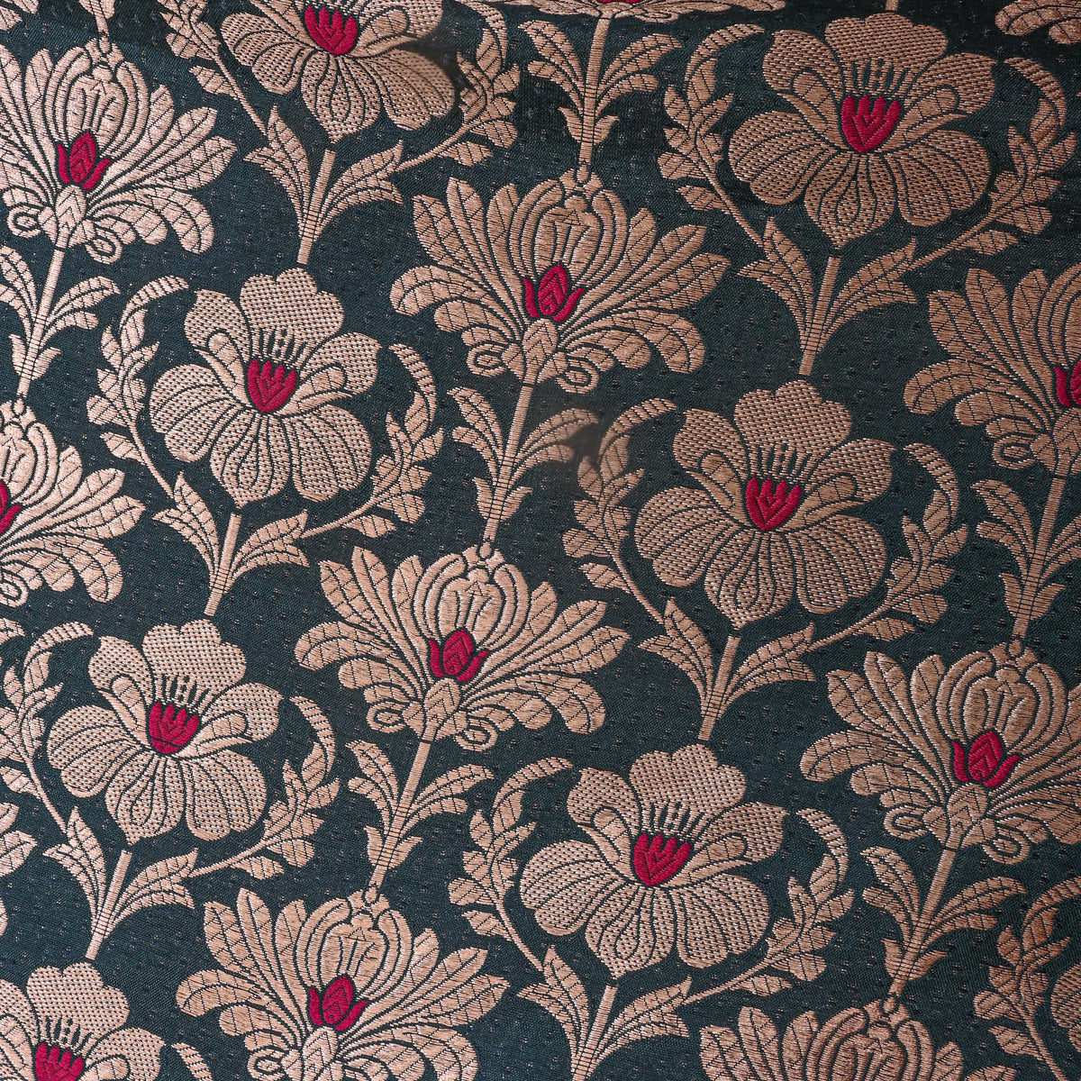 Deep Teal Green Copper Zari Butti  Banarasi Silk Fabric