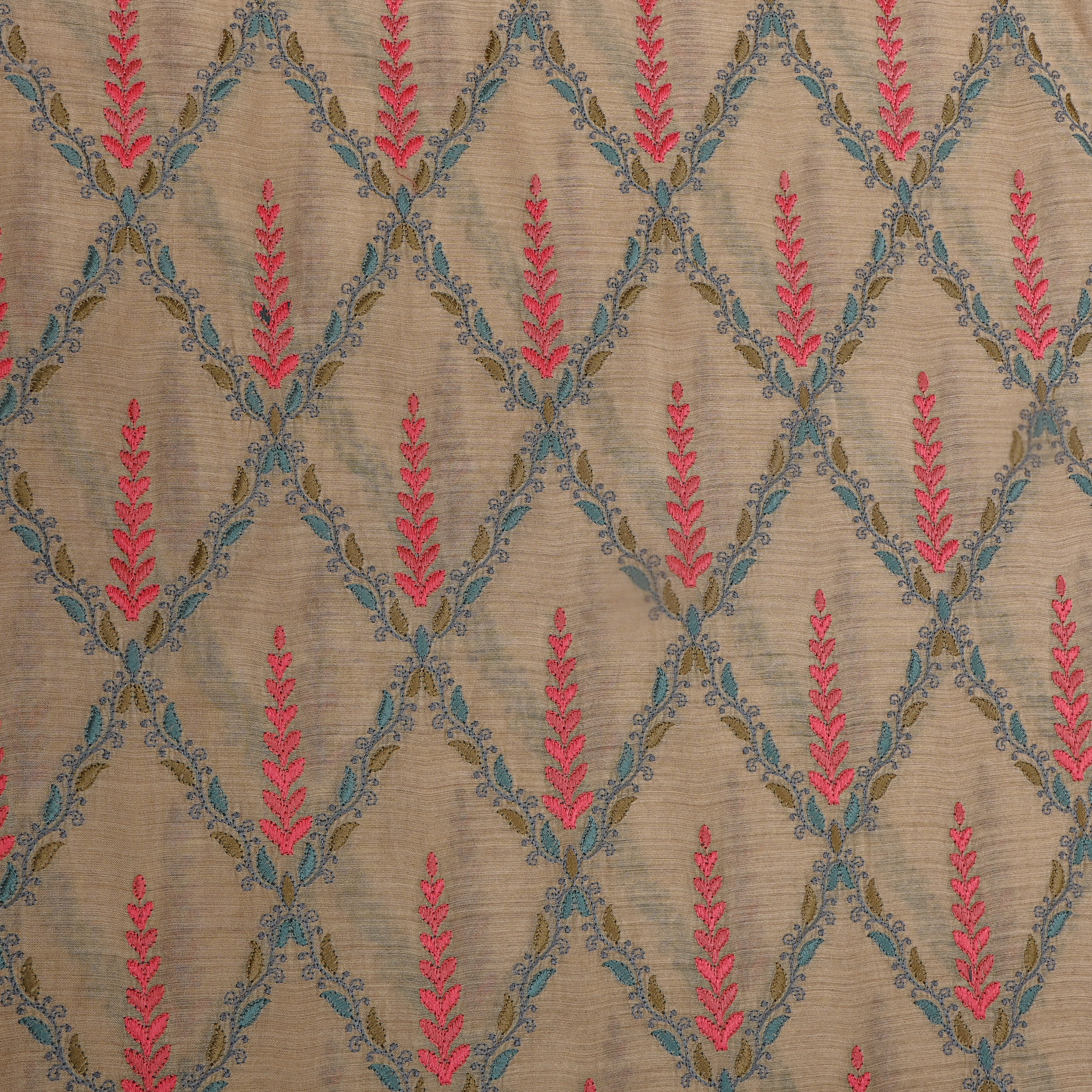 Soft Beige And Multicolor Embroidery Tussar Silk Fabric