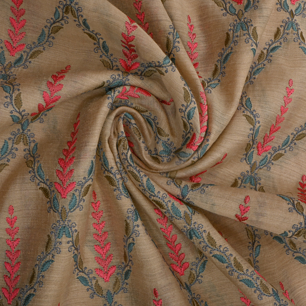 Soft Beige And Multicolor Embroidery Tussar Silk Fabric