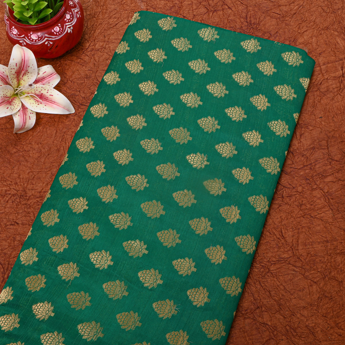 Teal Green Gold Pinecone Butti Self Weave  Banarasi Silk Fabric