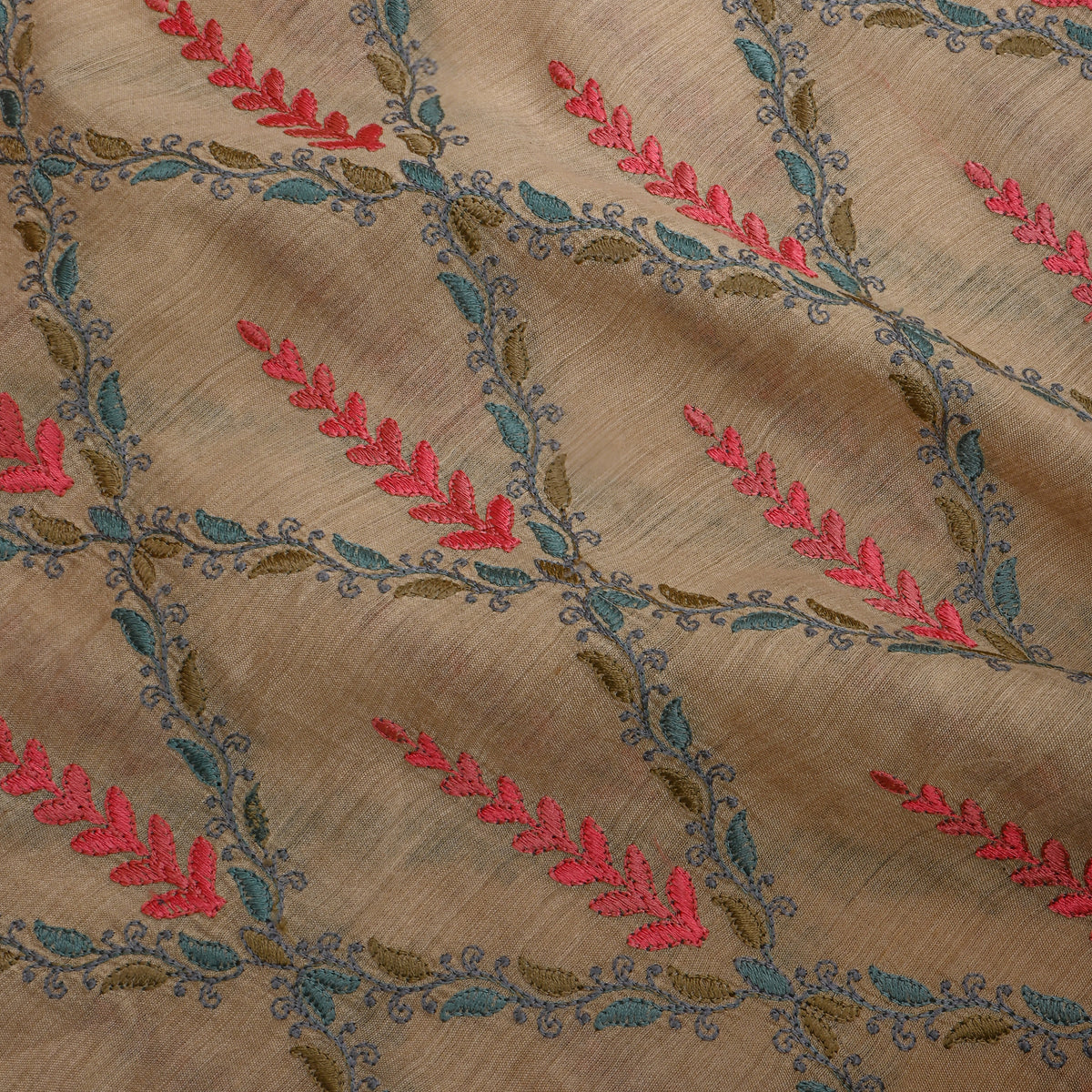 Soft Beige And Multicolor Embroidery Tussar Silk Fabric