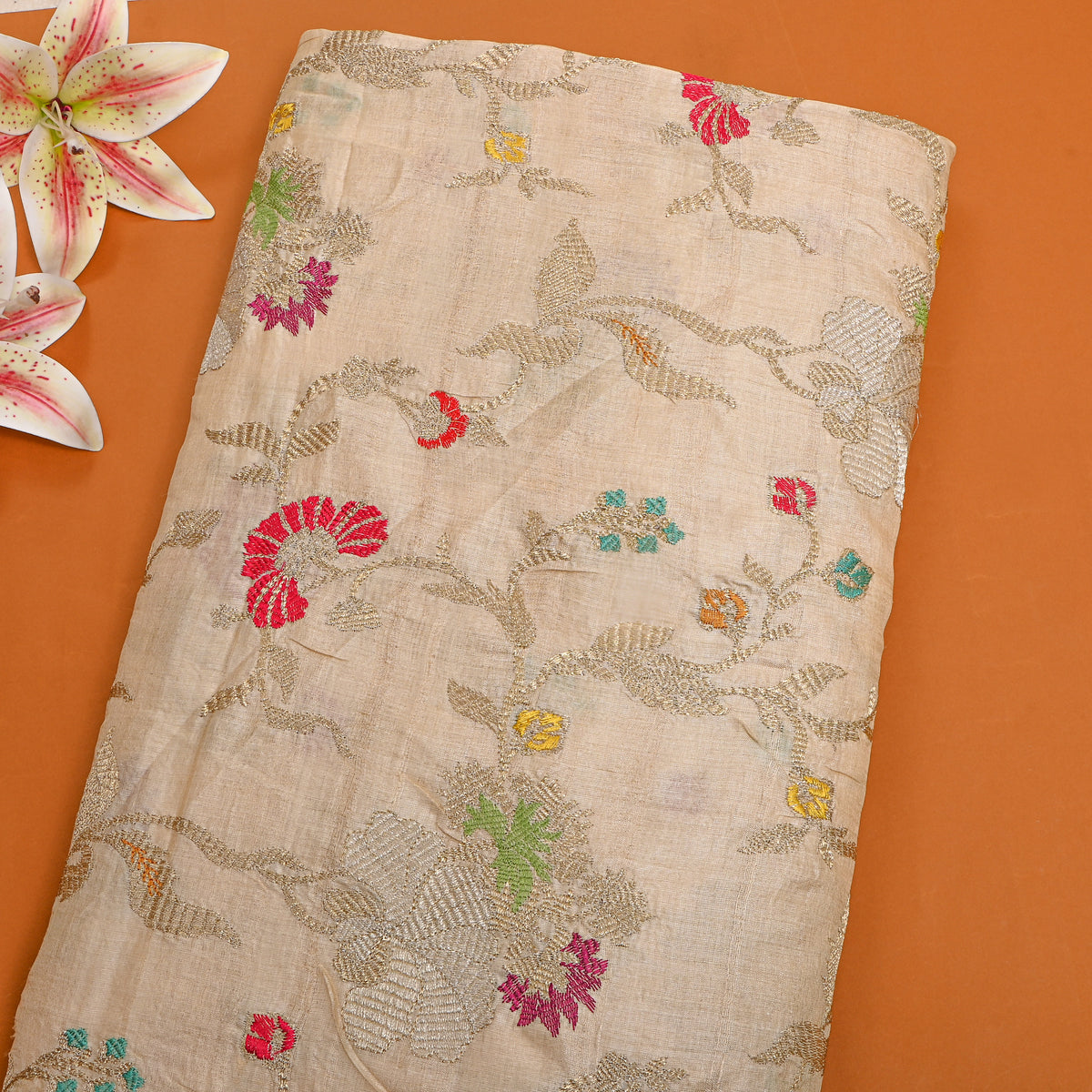 Beige Multicolour Floral Butti Zari Embroidery Tussar Silk Fabric