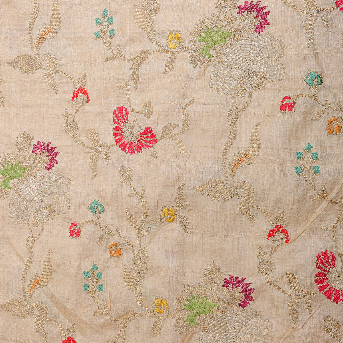 Beige Multicolour Floral Butti Zari Embroidery Tussar Silk Fabric