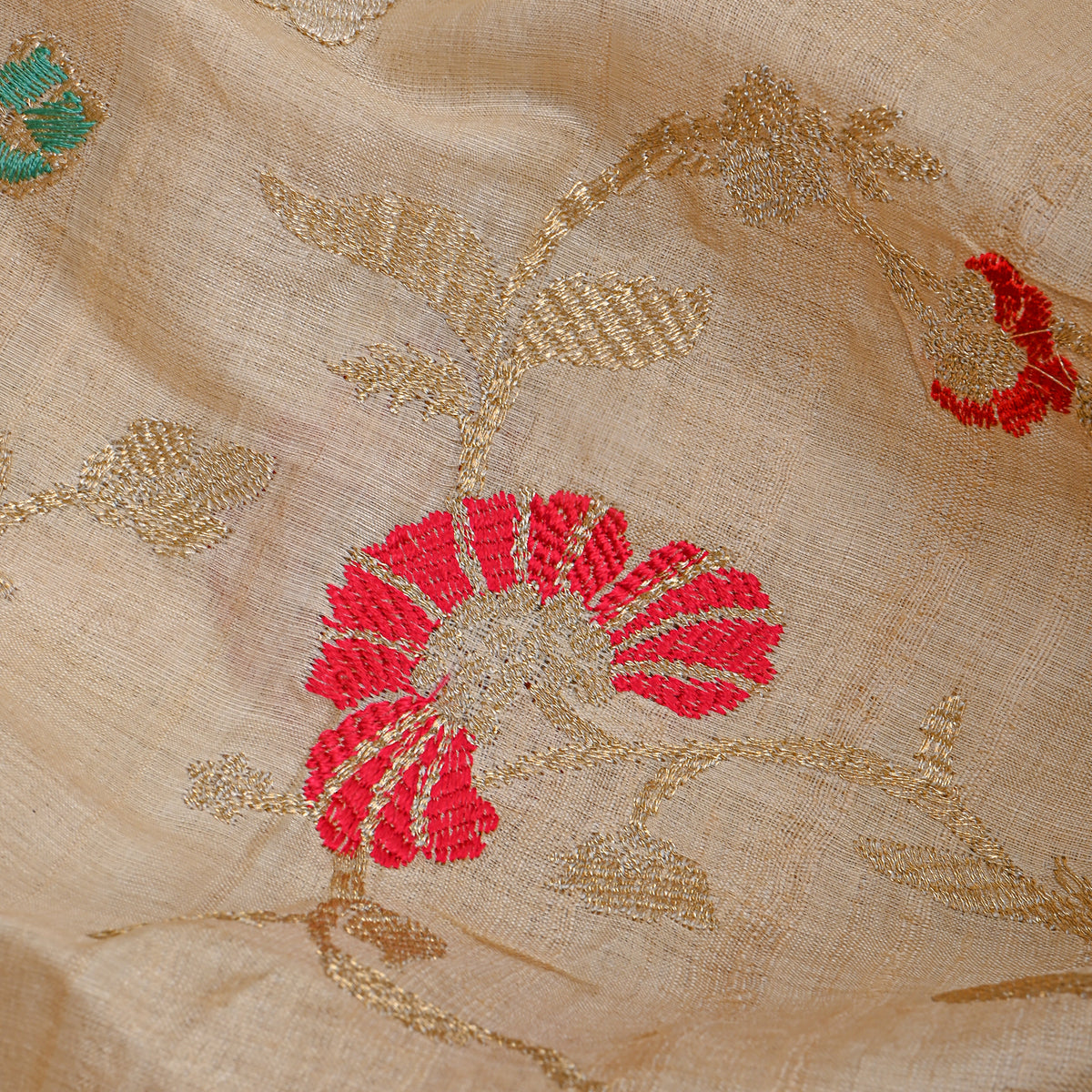 Beige Multicolour Floral Butti Zari Embroidery Tussar Silk Fabric