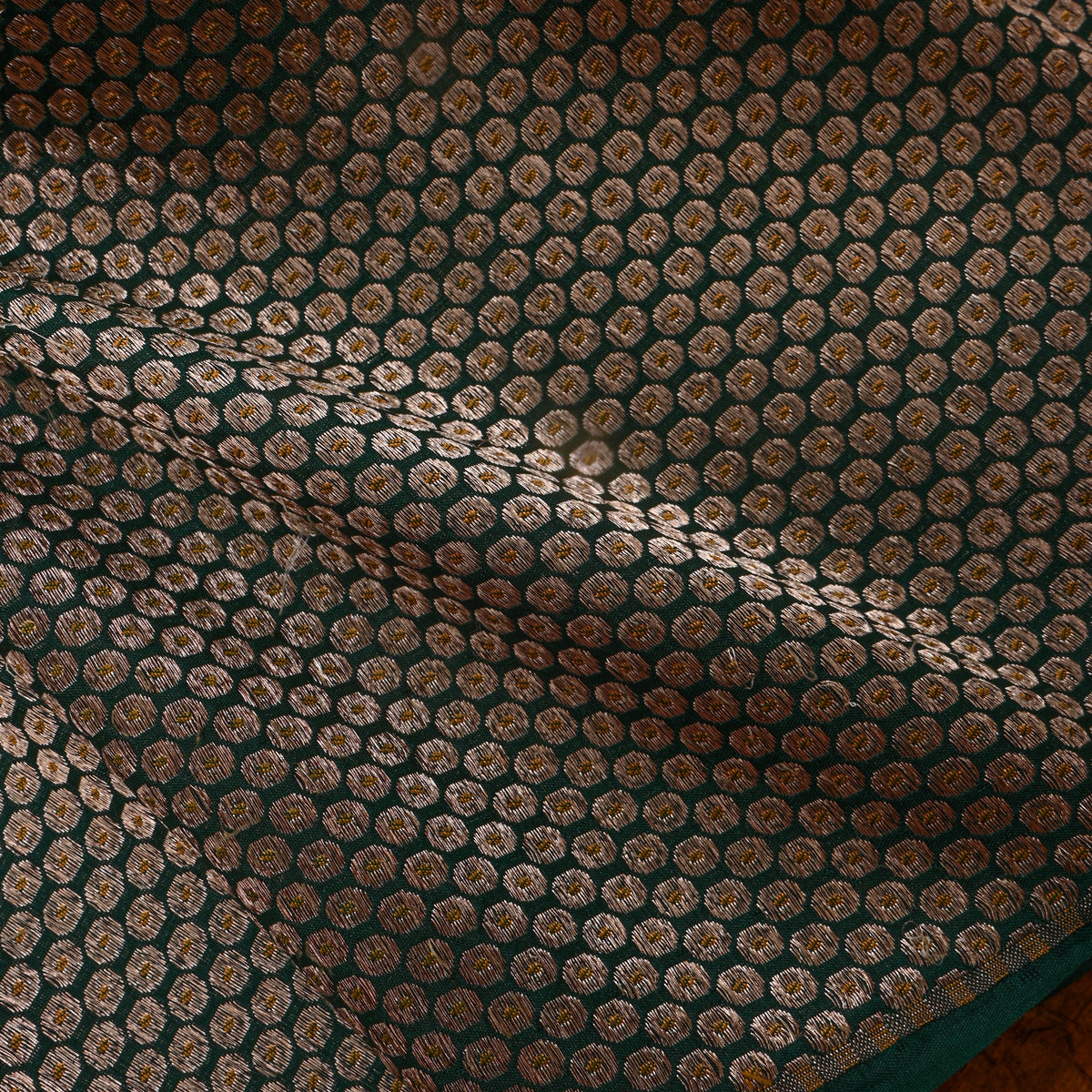 Bottle Green Gold Zari Butti Motif Jamawar Silk Fabric