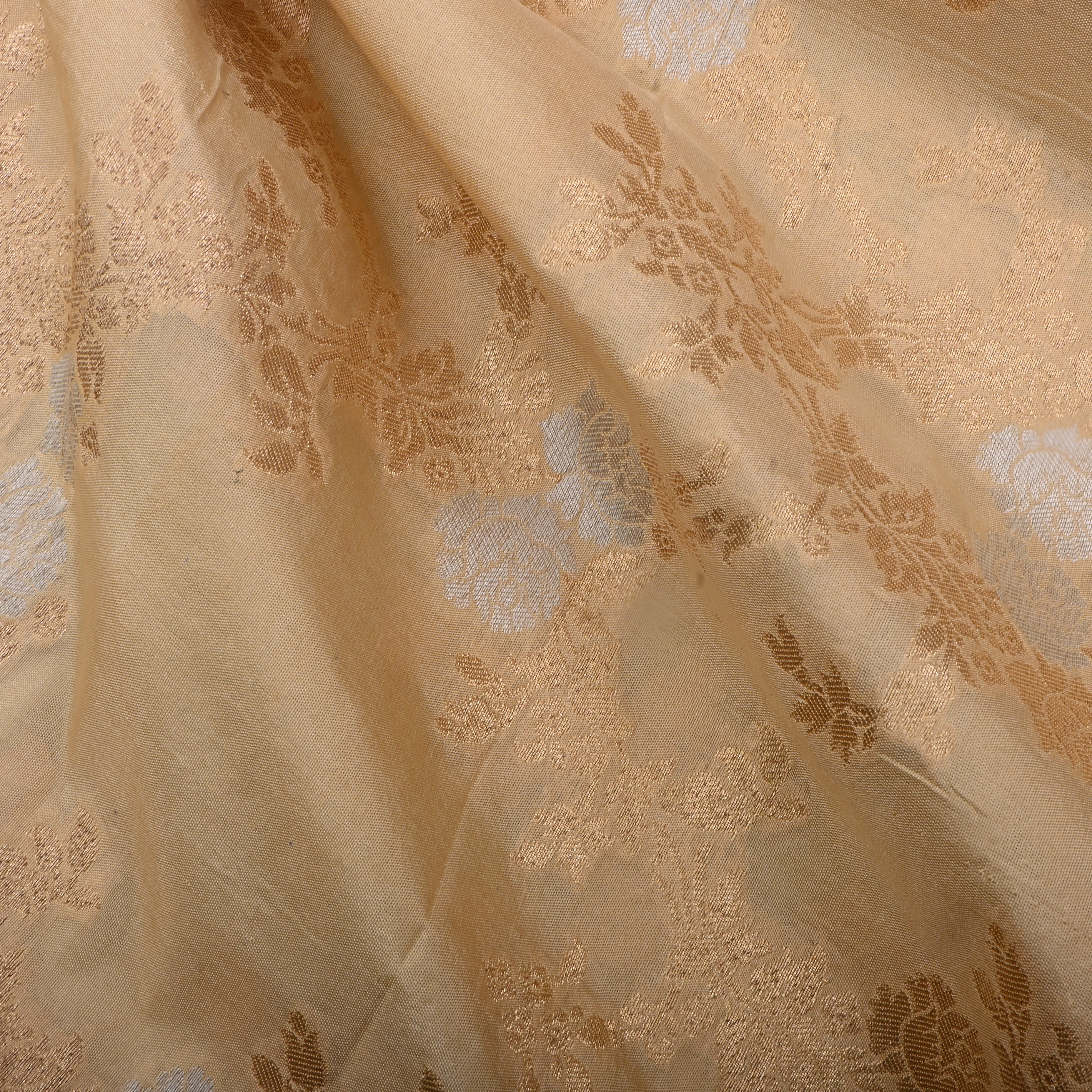 Buttercream Beige Jamawar Silk Fabric With Floral Jaal