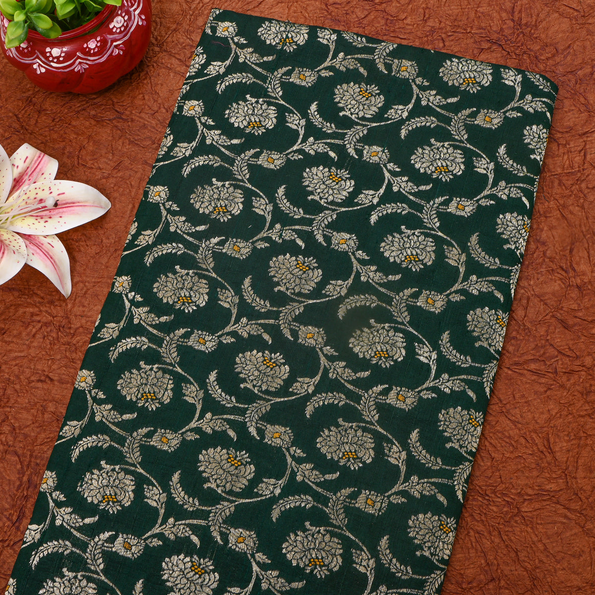 Green Gold Floral Jaal Jamawar Silk Fabric