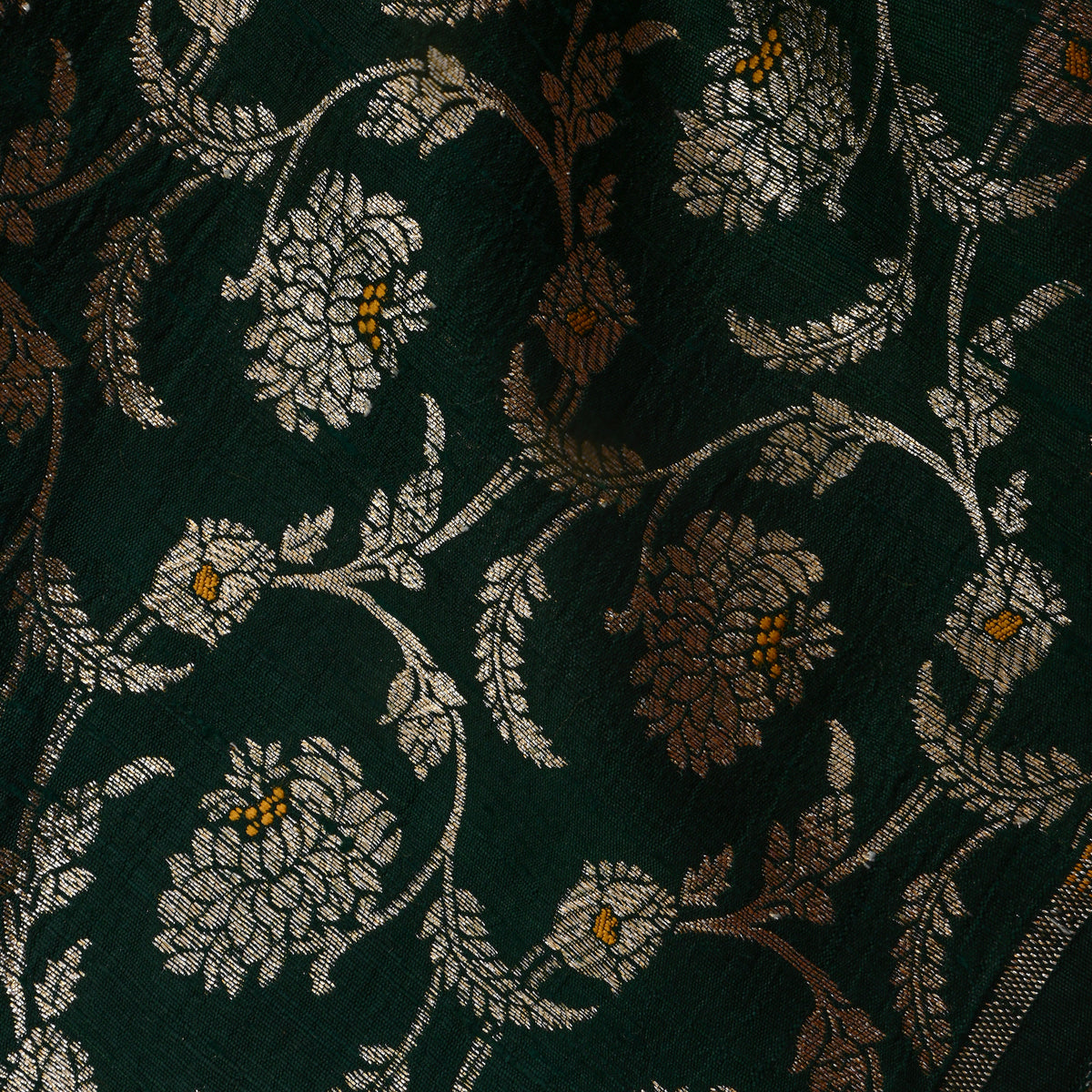 Green Gold Floral Jaal Jamawar Silk Fabric