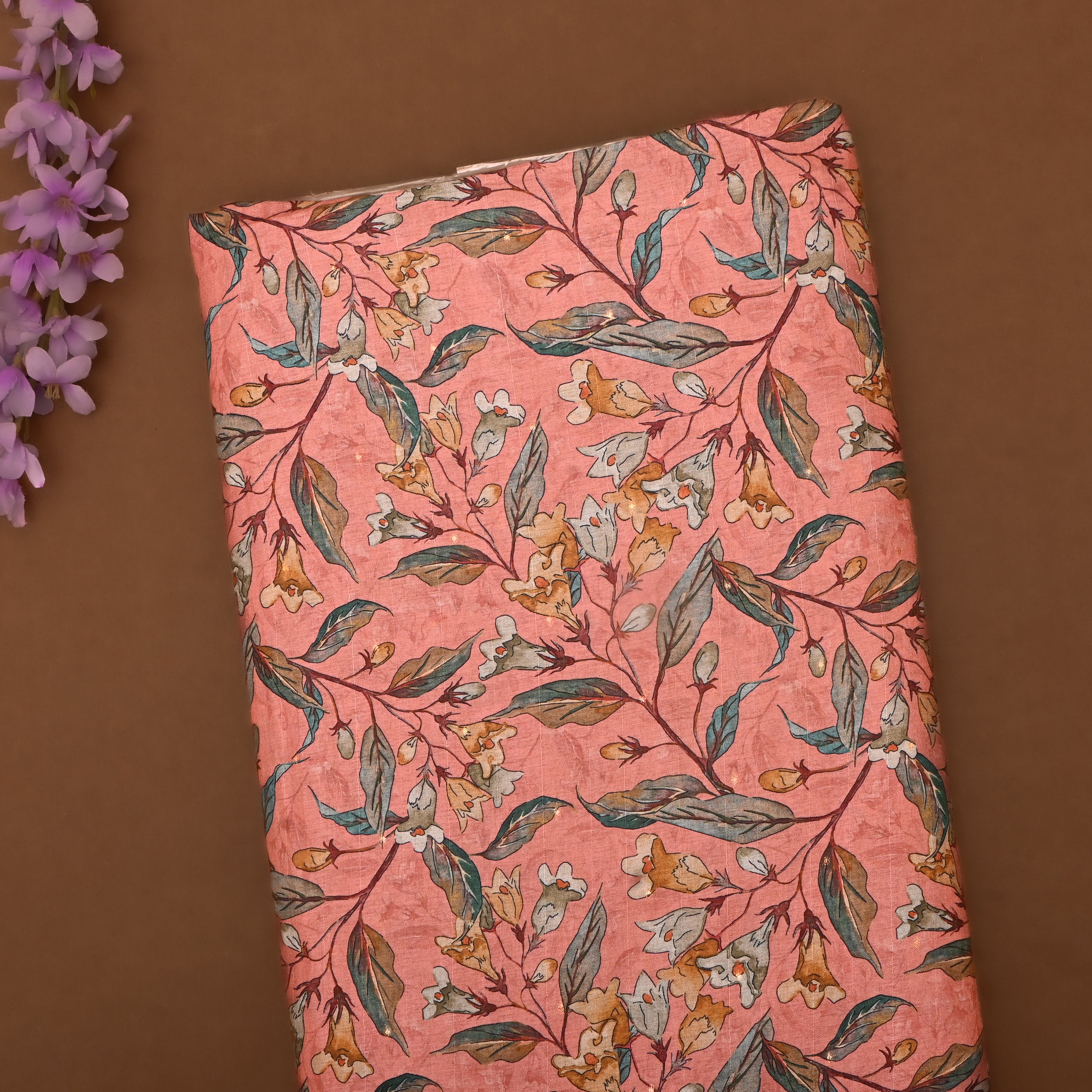 Peachy Pink Tissue Fabric With Floral Prints