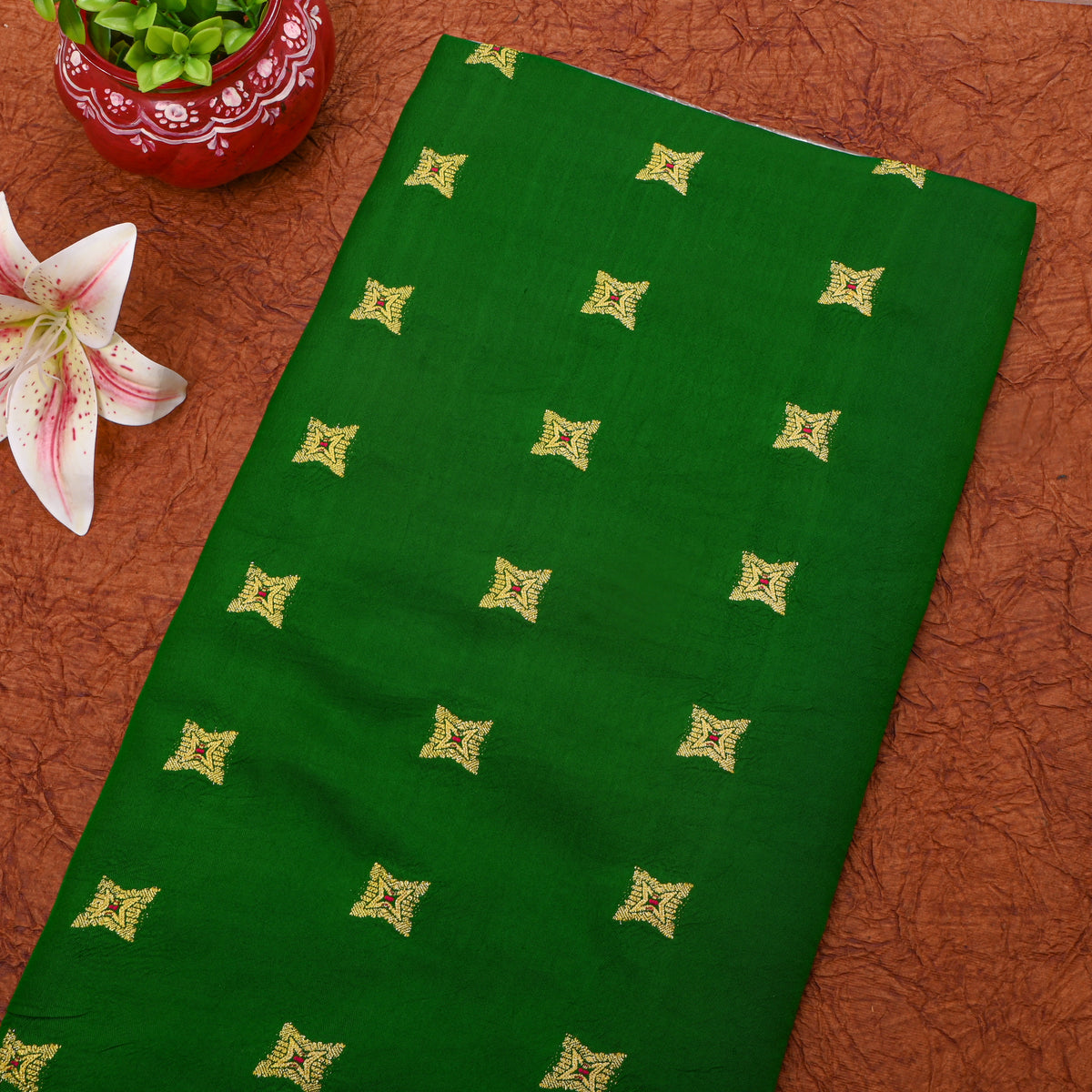 Dark Parrot Green And Gold Butti Jamawar Silk Fabric