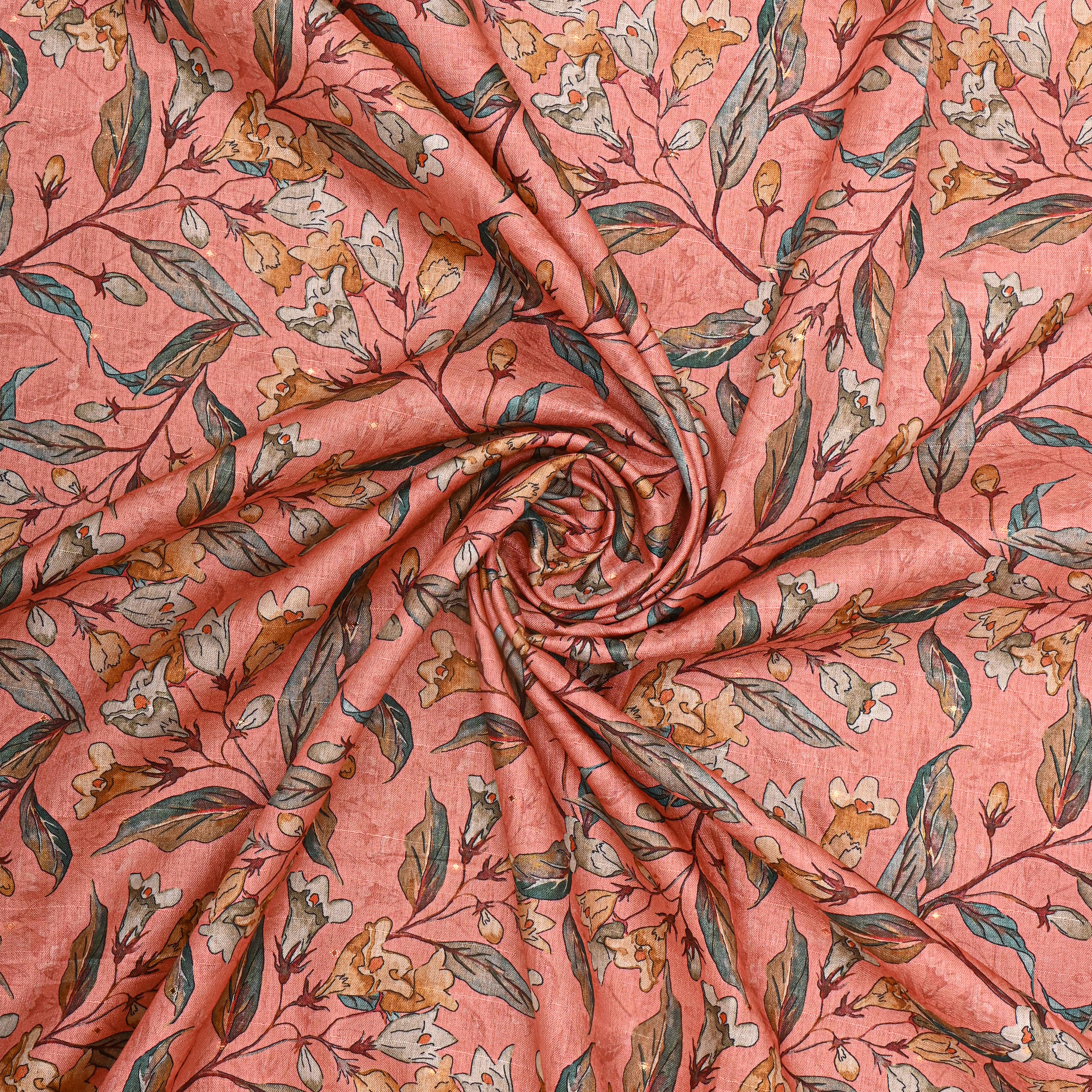 Peachy Pink Tissue Fabric With Floral Prints
