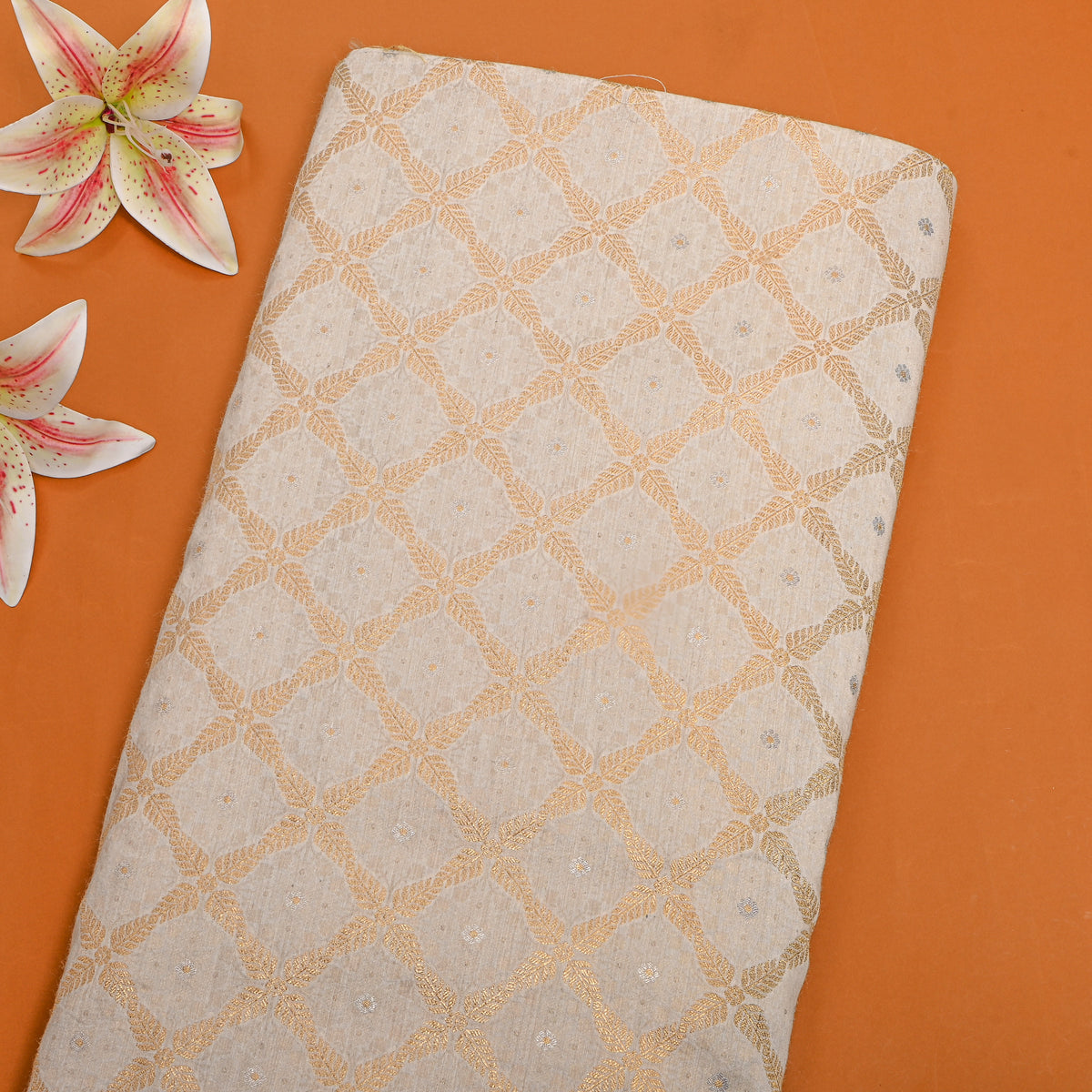 Ivory Gold Check Jamawar Silk Fabric