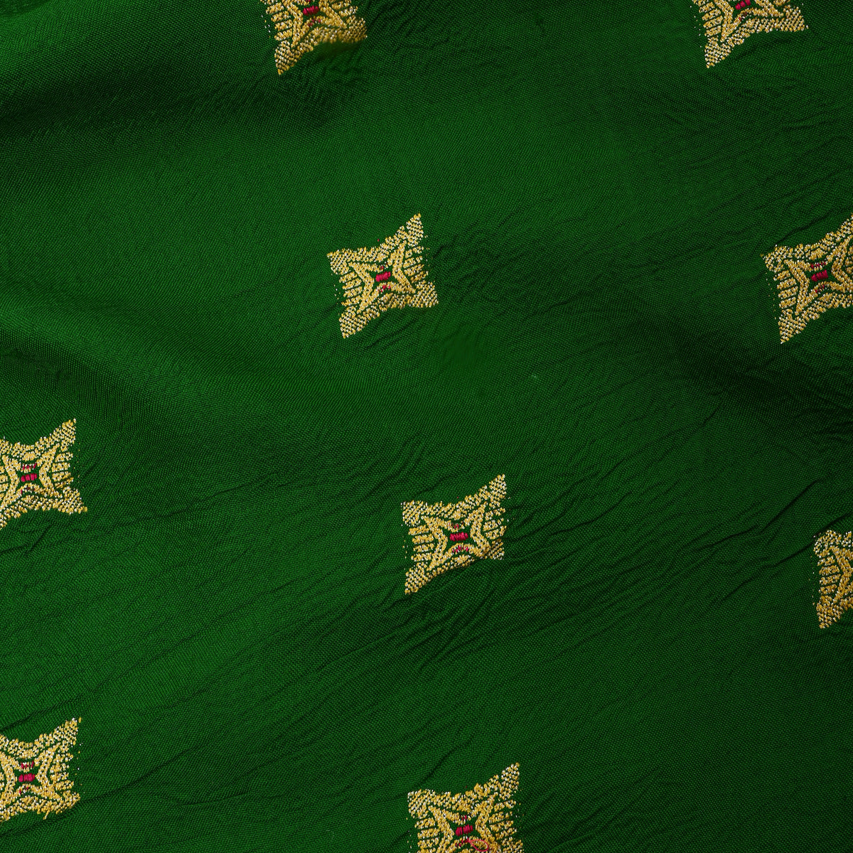 Dark Parrot Green And Gold Butti Jamawar Silk Fabric