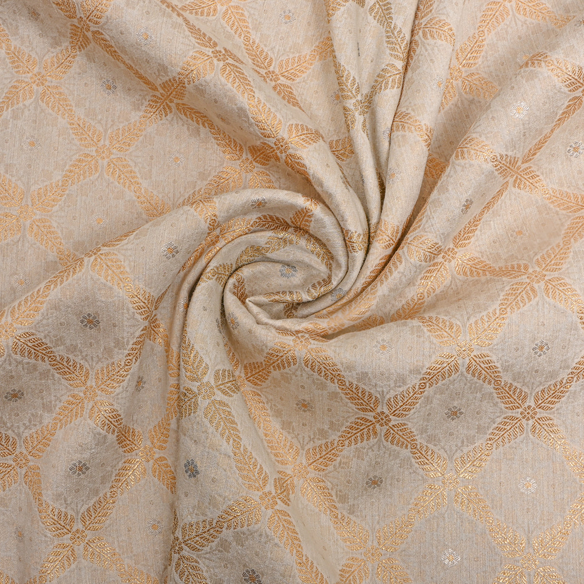 Ivory Gold Check Jamawar Silk Fabric