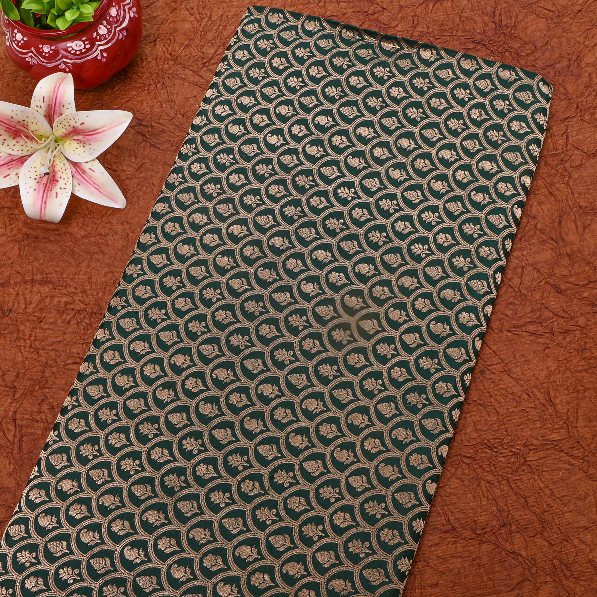 Emerald Green Gold Zari Butti Weave Jamawar Silk Fabric