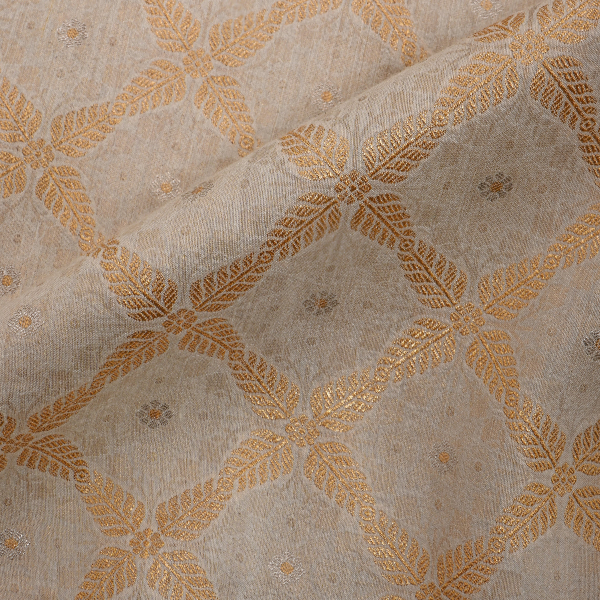 Ivory Gold Check Jamawar Silk Fabric