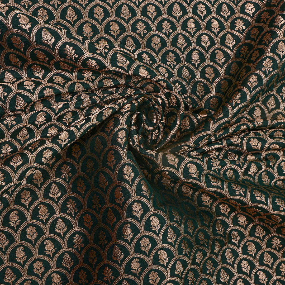 Emerald Green Gold Zari Butti Weave Jamawar Silk Fabric