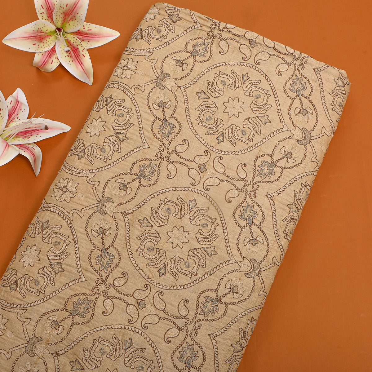 Sand Beige Geometric Pattern Embroidery Tussar Silk Fabric