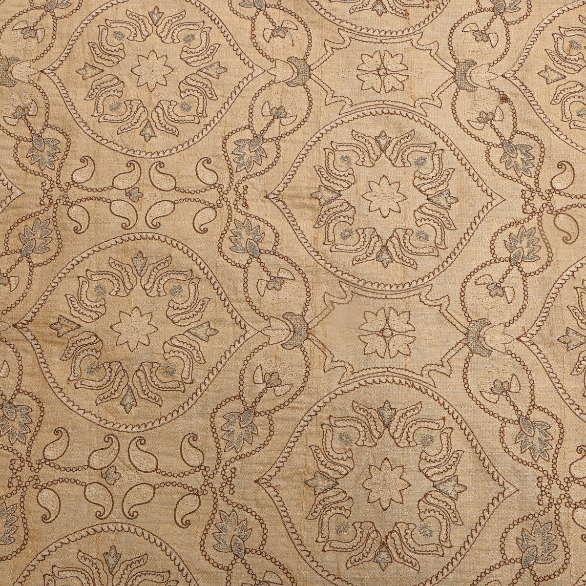 Sand Beige Geometric Pattern Embroidery Tussar Silk Fabric