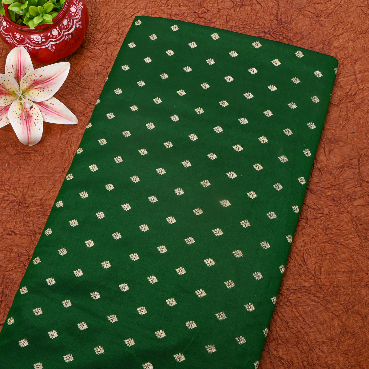 Forest Green Gold Zari Diamond Butti Banarasi Silk Fabric