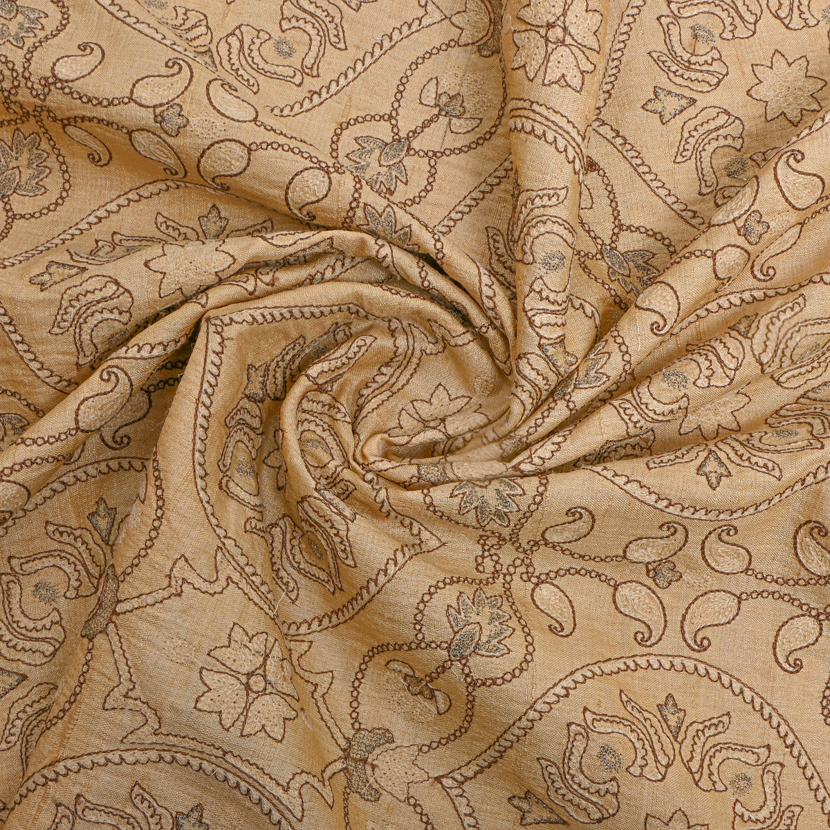 Sand Beige Geometric Pattern Embroidery Tussar Silk Fabric
