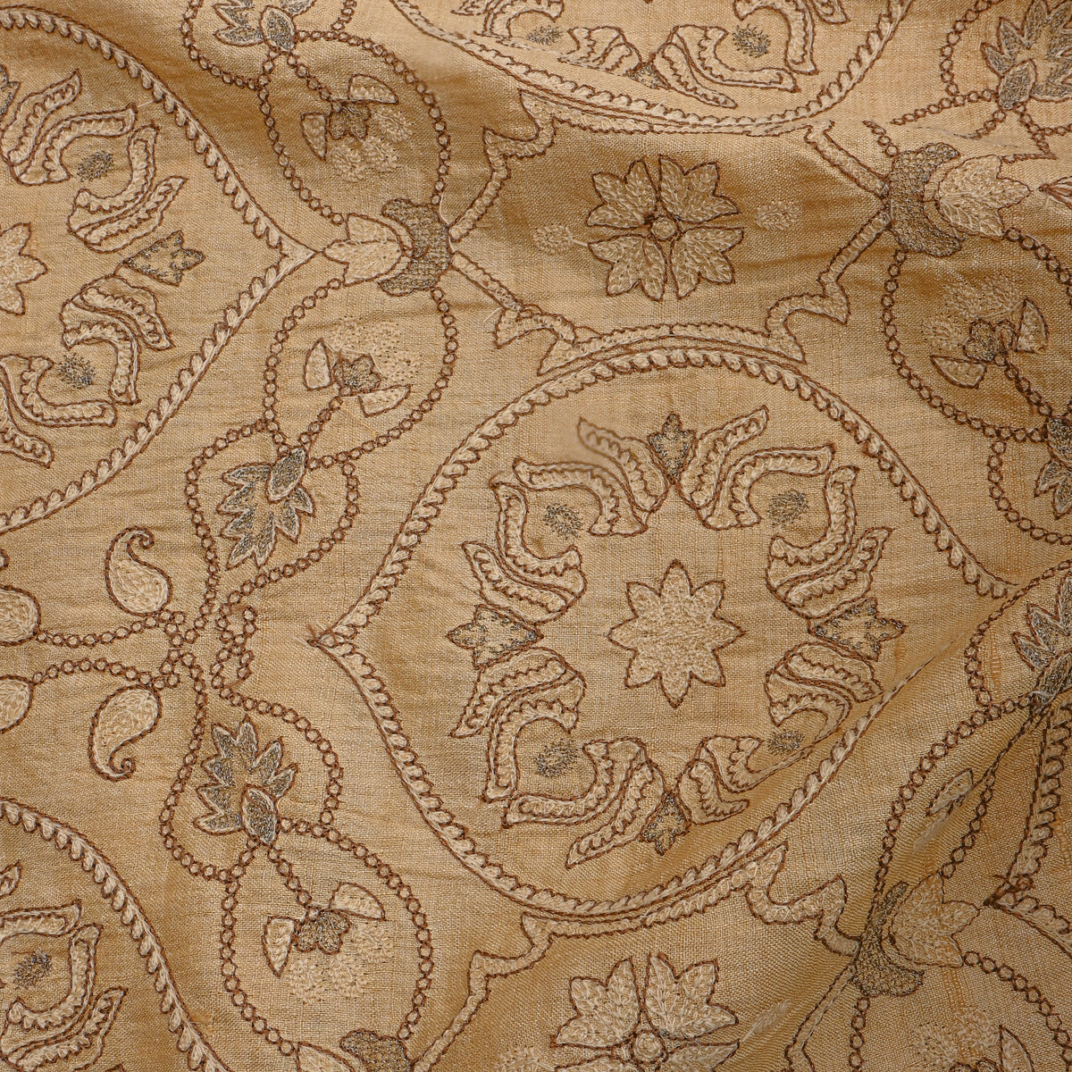 Sand Beige Geometric Pattern Embroidery Tussar Silk Fabric
