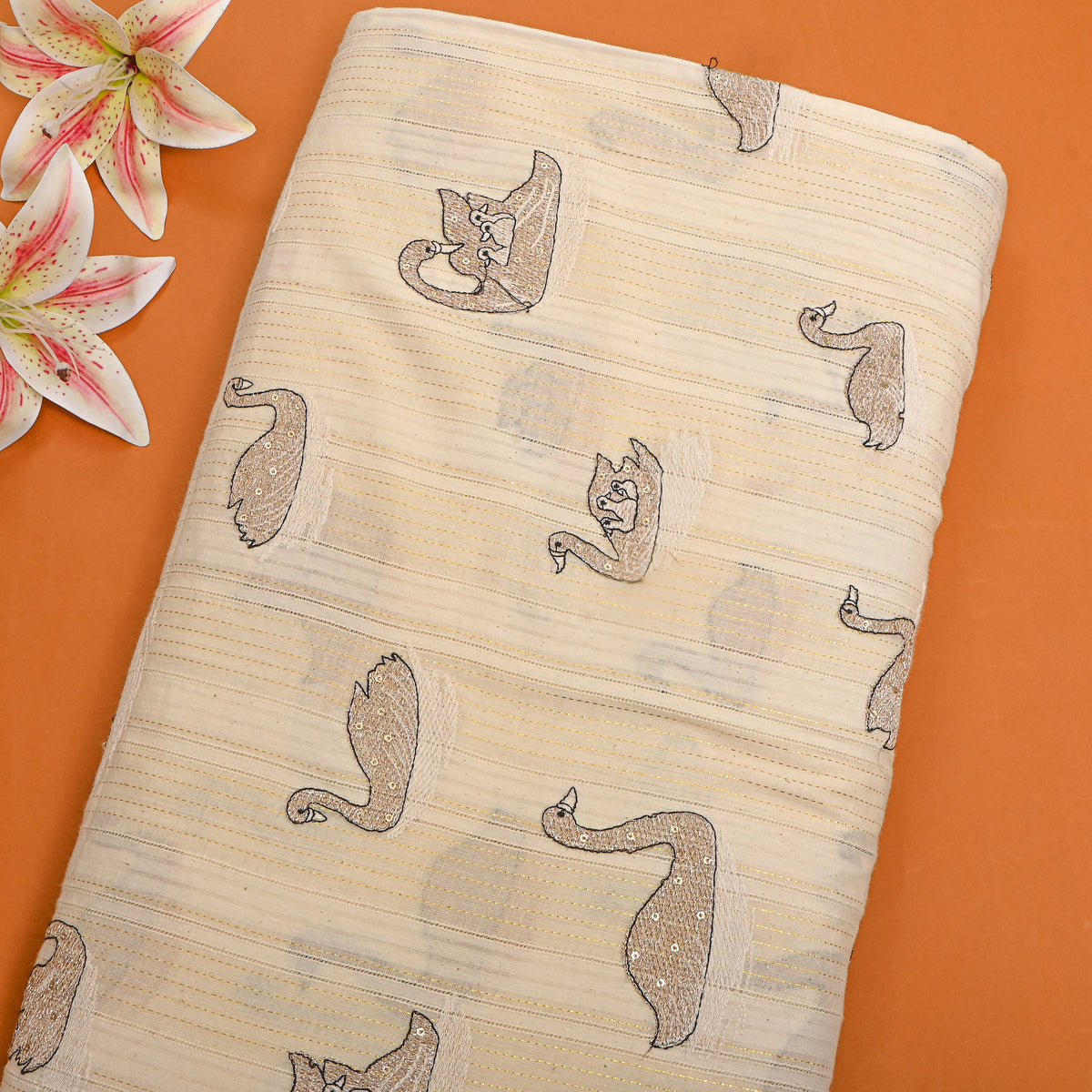 Cream Bird Motif Thread And Sequins Work Cotton Fabric