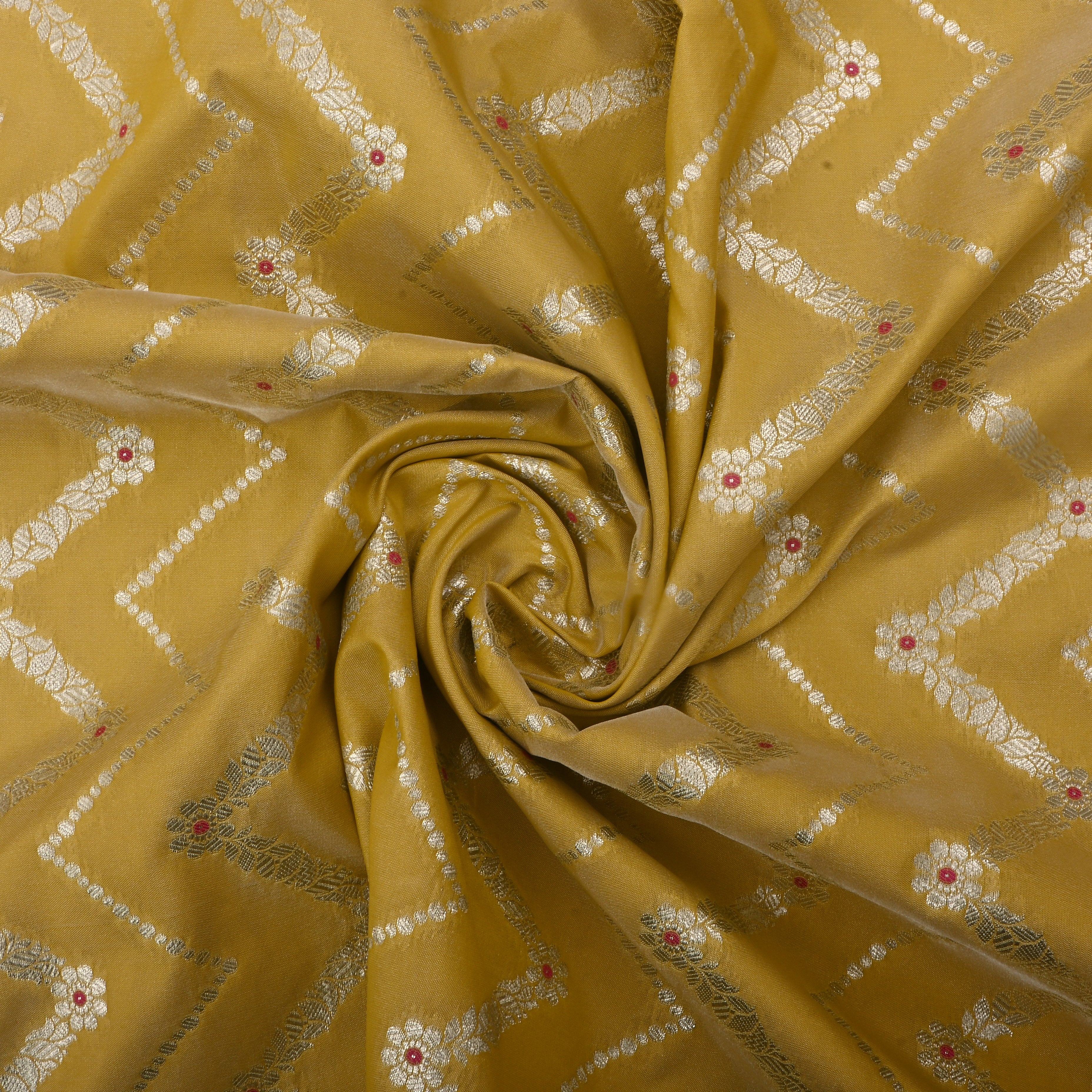 Camel Yellow Jamawar Silk Fabric With Zig-Zag Pattern