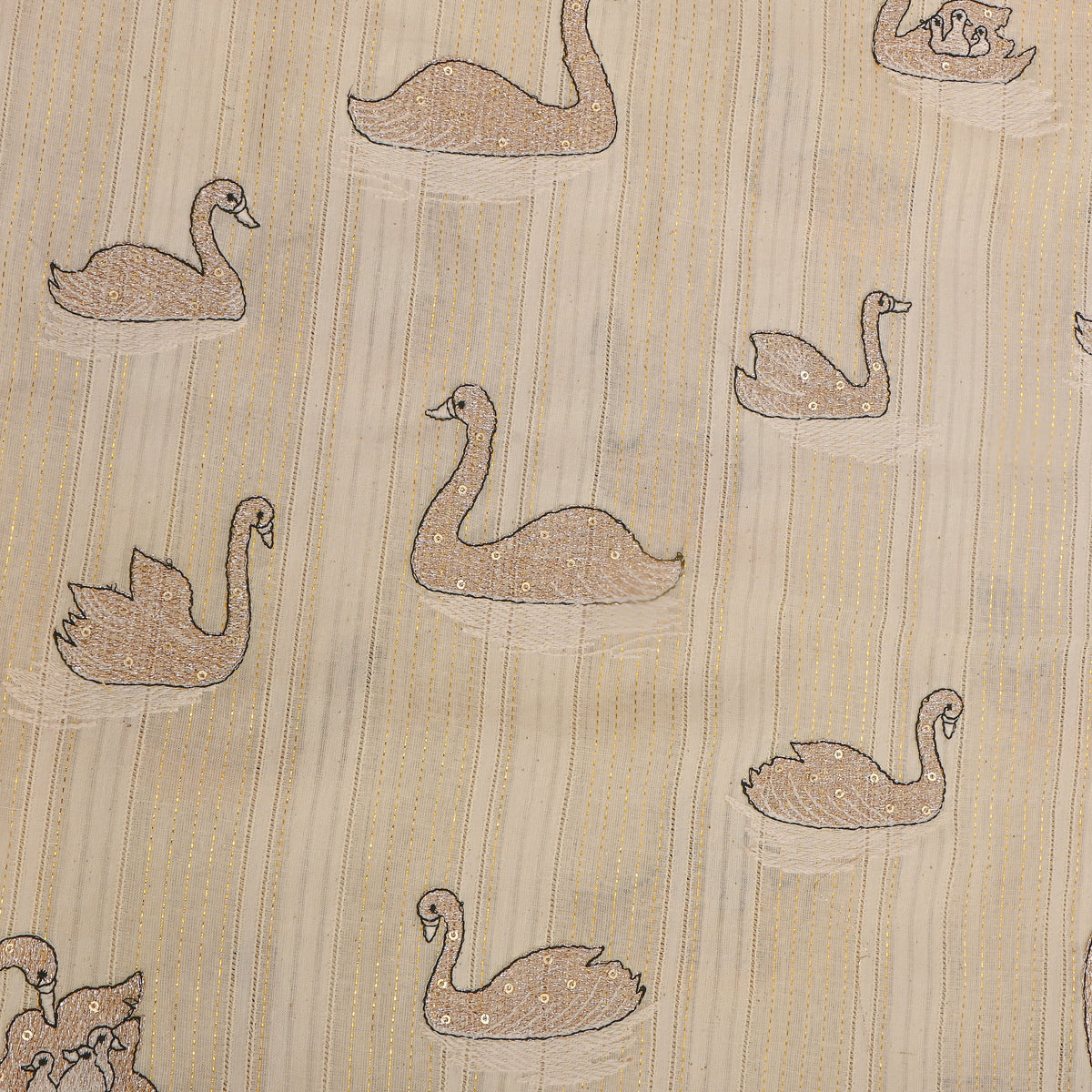 Cream Bird Motif Thread And Sequins Work Cotton Fabric
