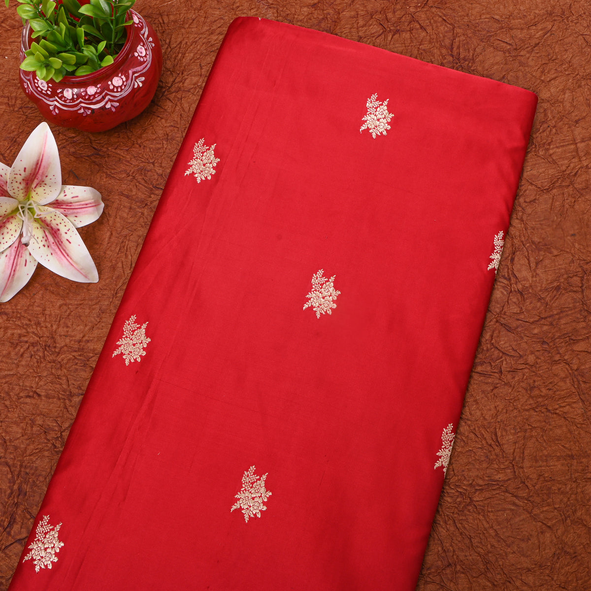 Red Gold Floral Butti Jamawar Silk Fabric