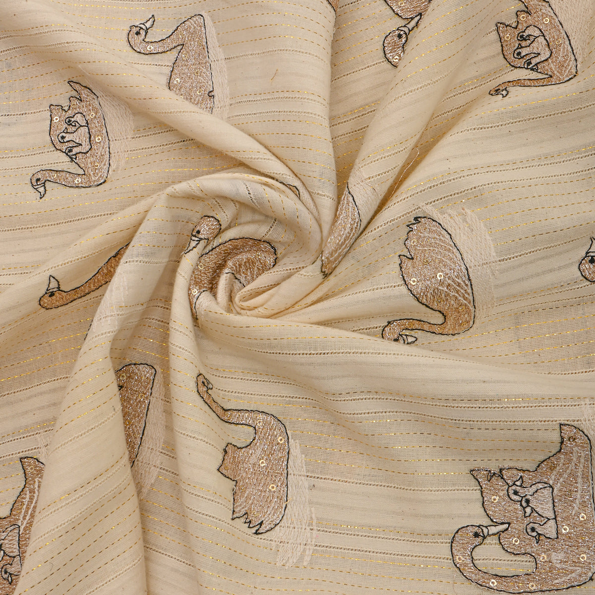 Cream Bird Motif Thread And Sequins Work Cotton Fabric