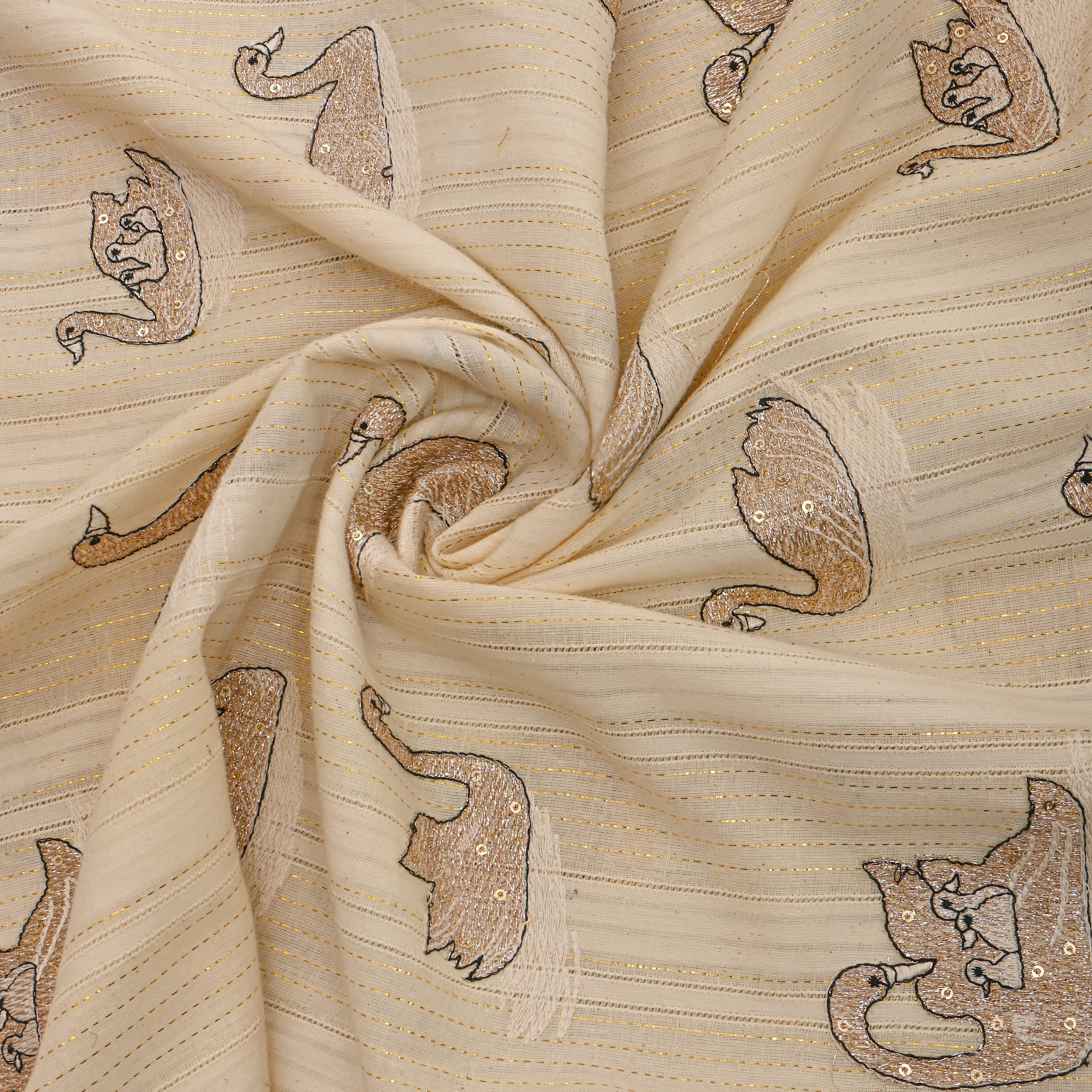 Cream Bird Motif Thread Work Cotton