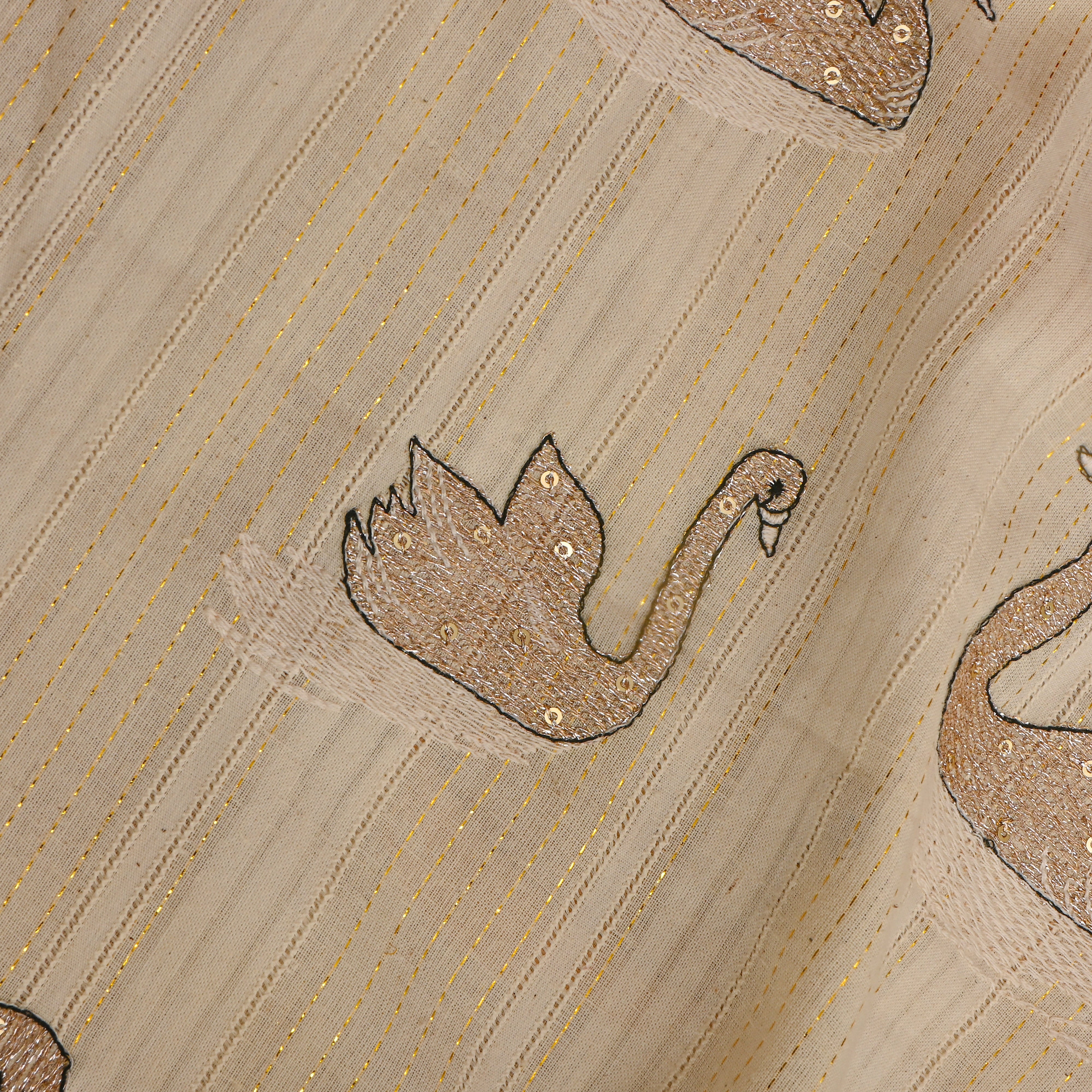 Cream Bird Motif Thread And Sequins Work Cotton Fabric