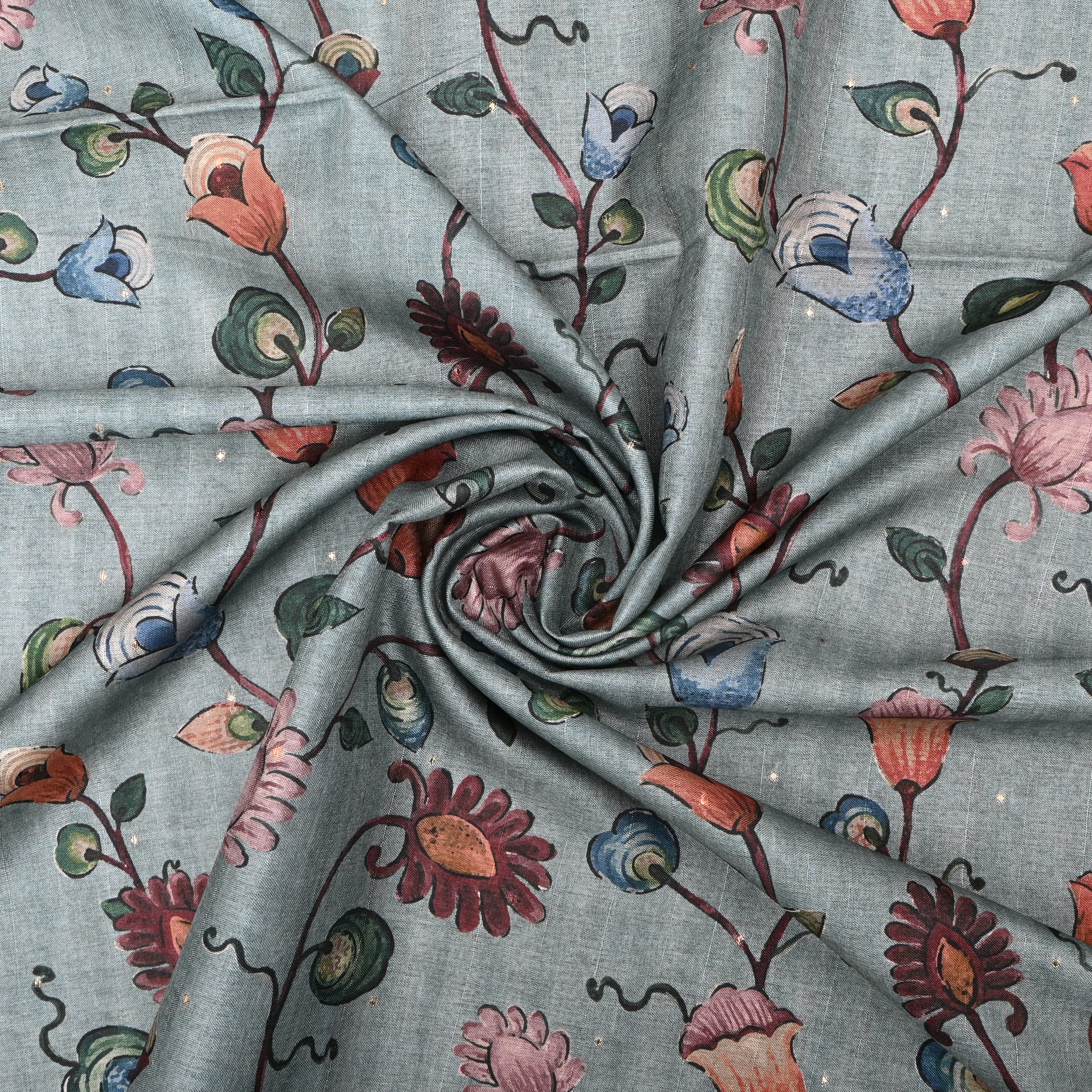 Mint Blue Tussar Fabric With Printed Design