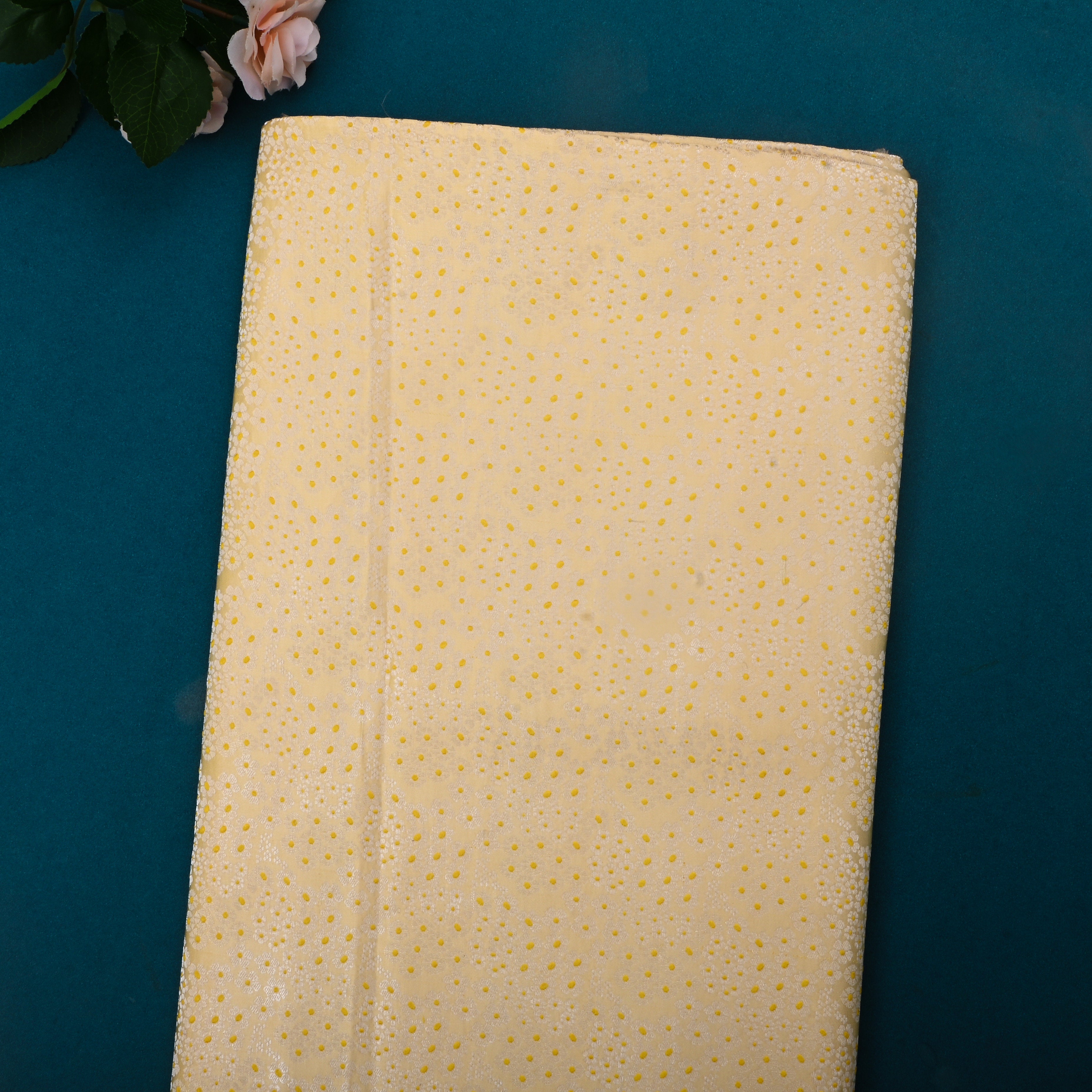 Fawn Yellow Jamawar Silk Fabric With Floral Pattern