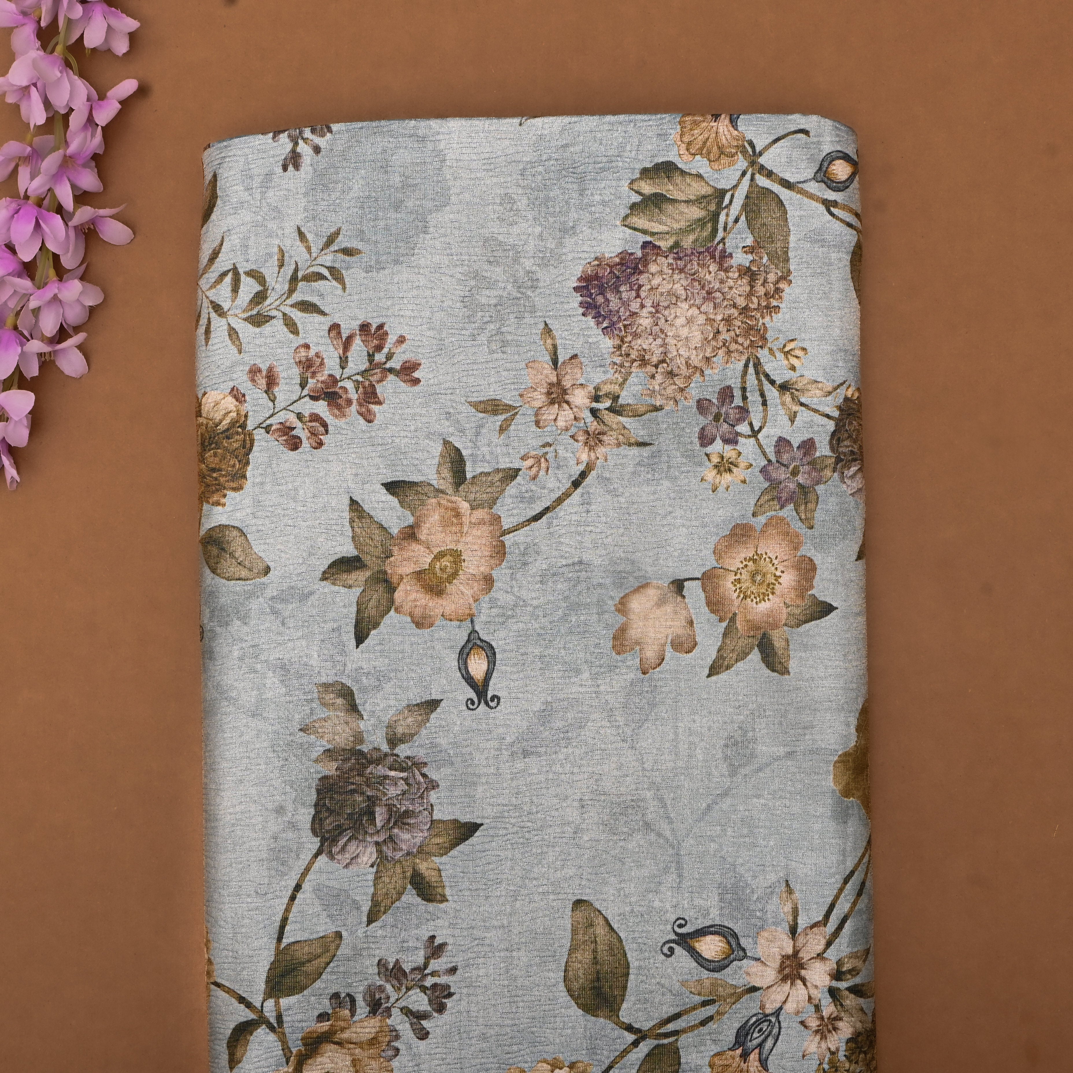 Grey Tissue Fabric With Floral Prints