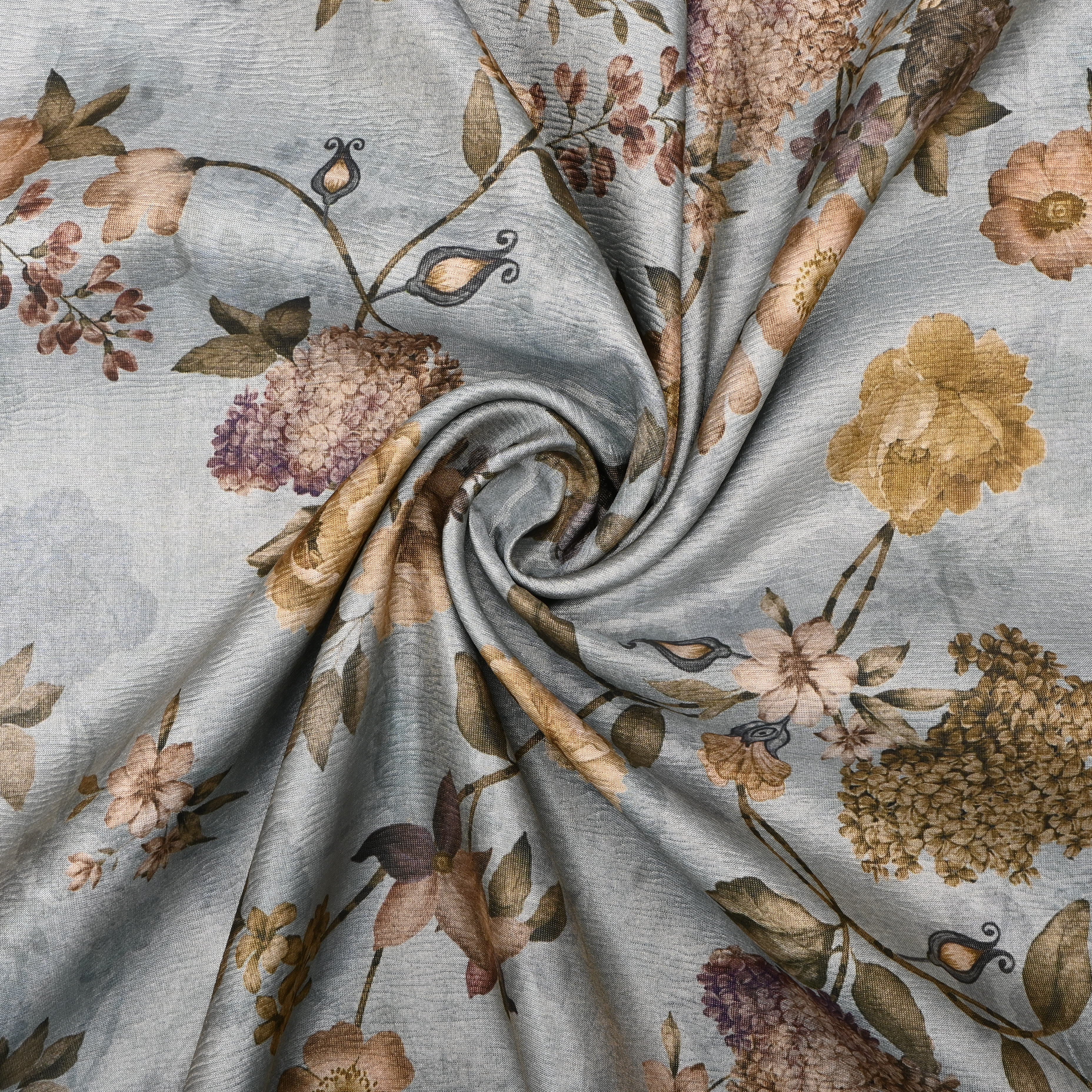 Grey Tissue Fabric With Floral Prints